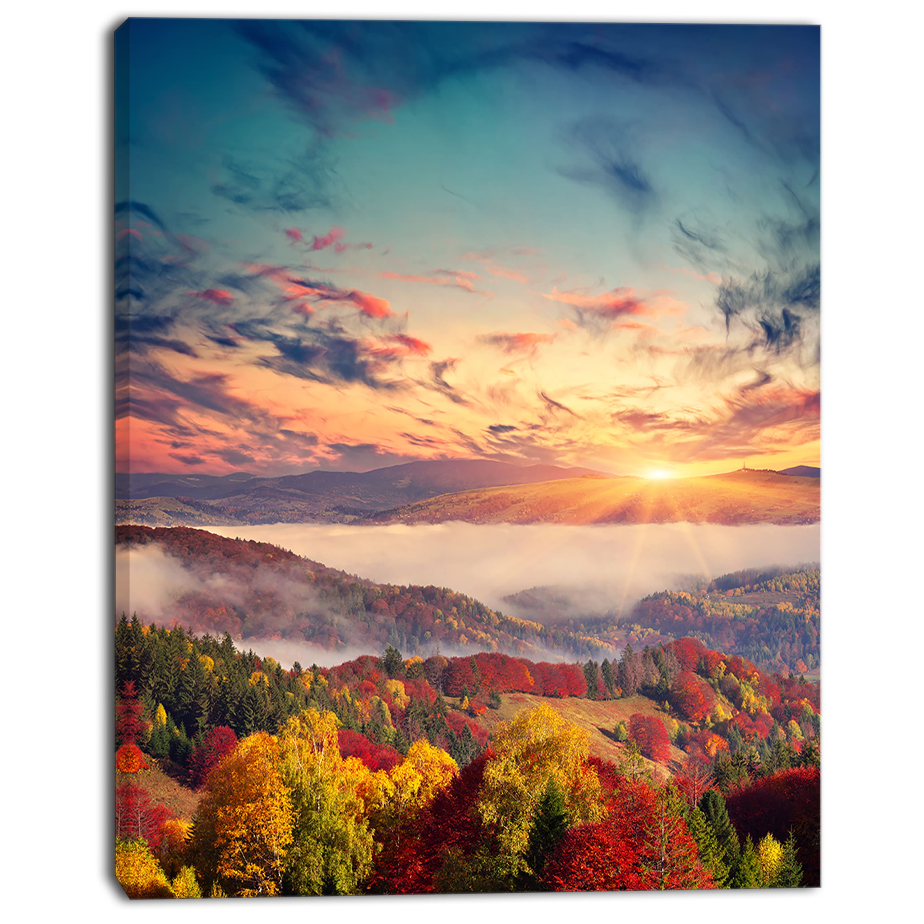 Designart - Colorful Sunset in Foggy Mountains - Large Landscape Canvas Art Print