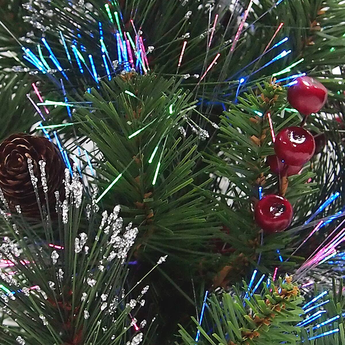 18" Fiber Optic Color Changing Ice Crestwood Artificial Christmas Tree with Silver Bristle, Pineones, Red Berries & Glitter