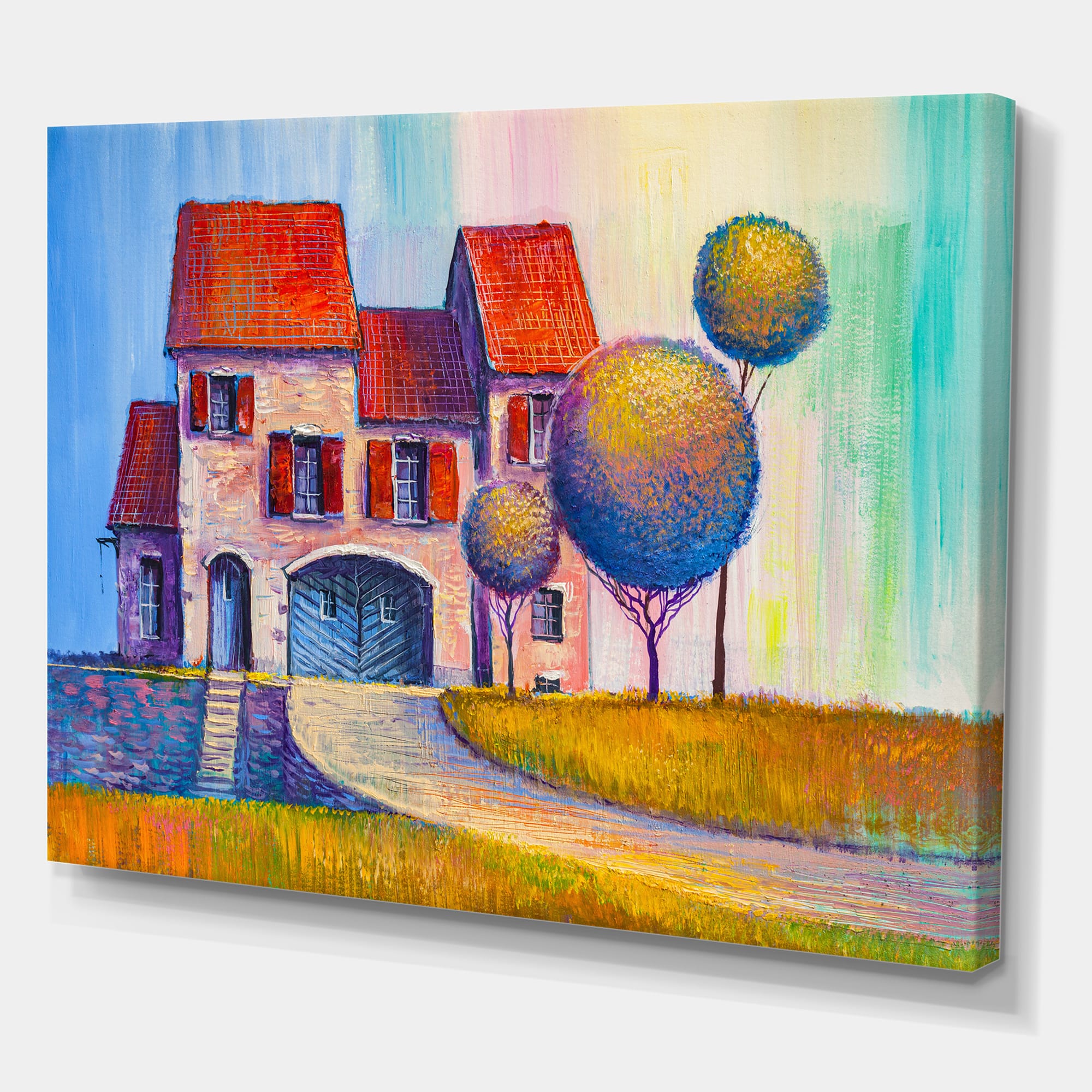 Designart - House With Red Roof In The Village - Modern Canvas Wall Art Print