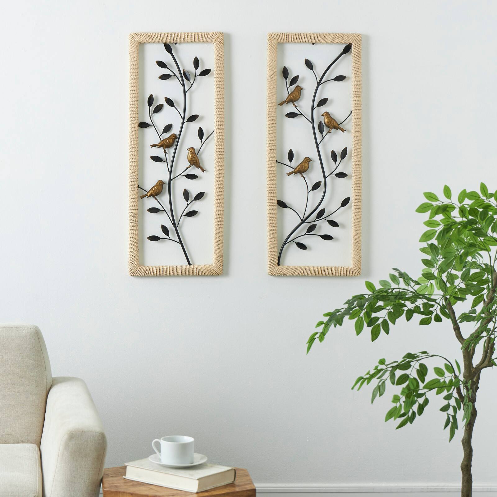 Black Metal Leaf Wall Décor with Cream Rattan Frame and Bronze Bird Accents, Set of 2