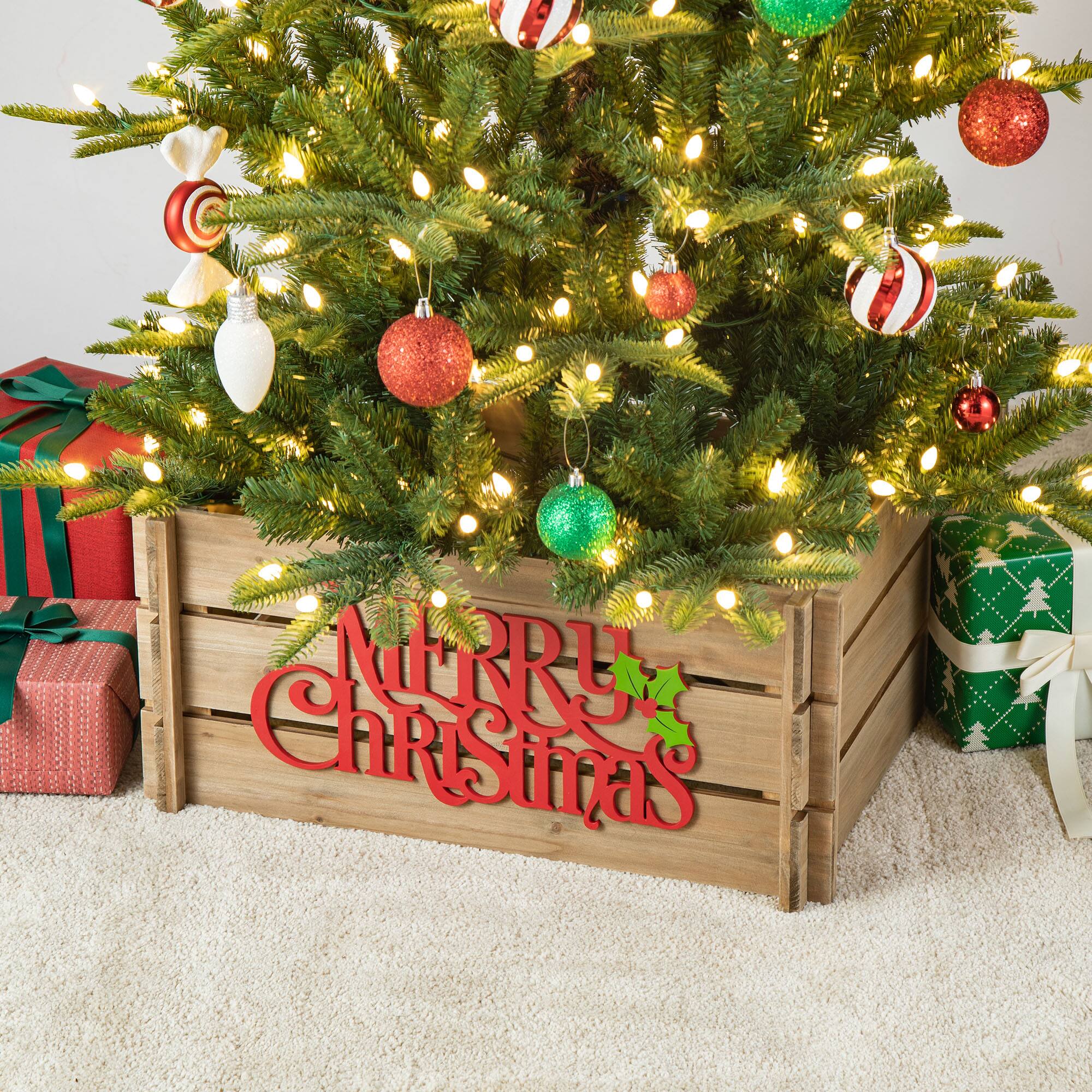 Glitzhome&#xAE; Merry Christmas Wood Crate Tree Collar