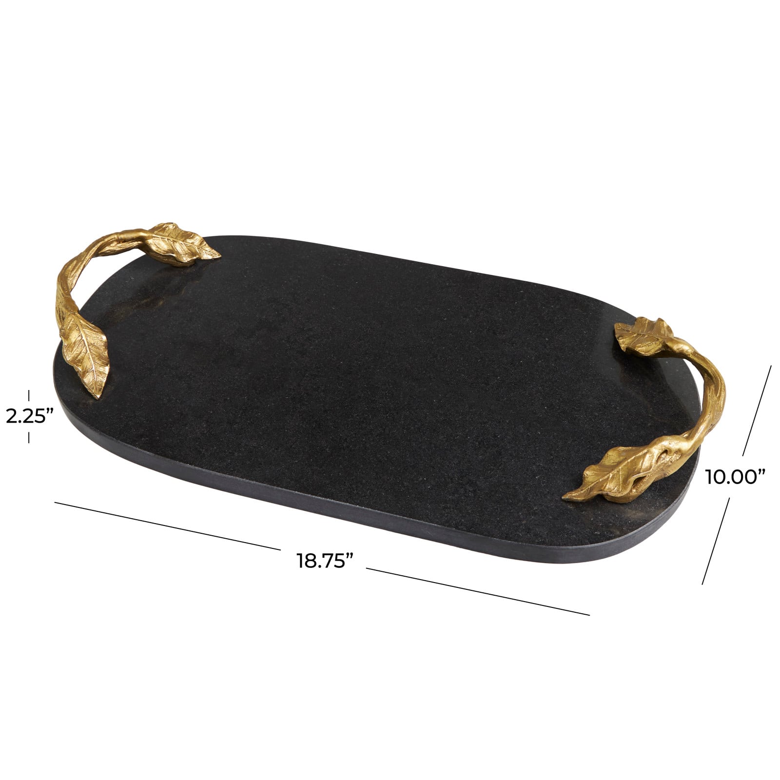 19&#x22; Black Marble Oval Tray with Gold Leaf Handles