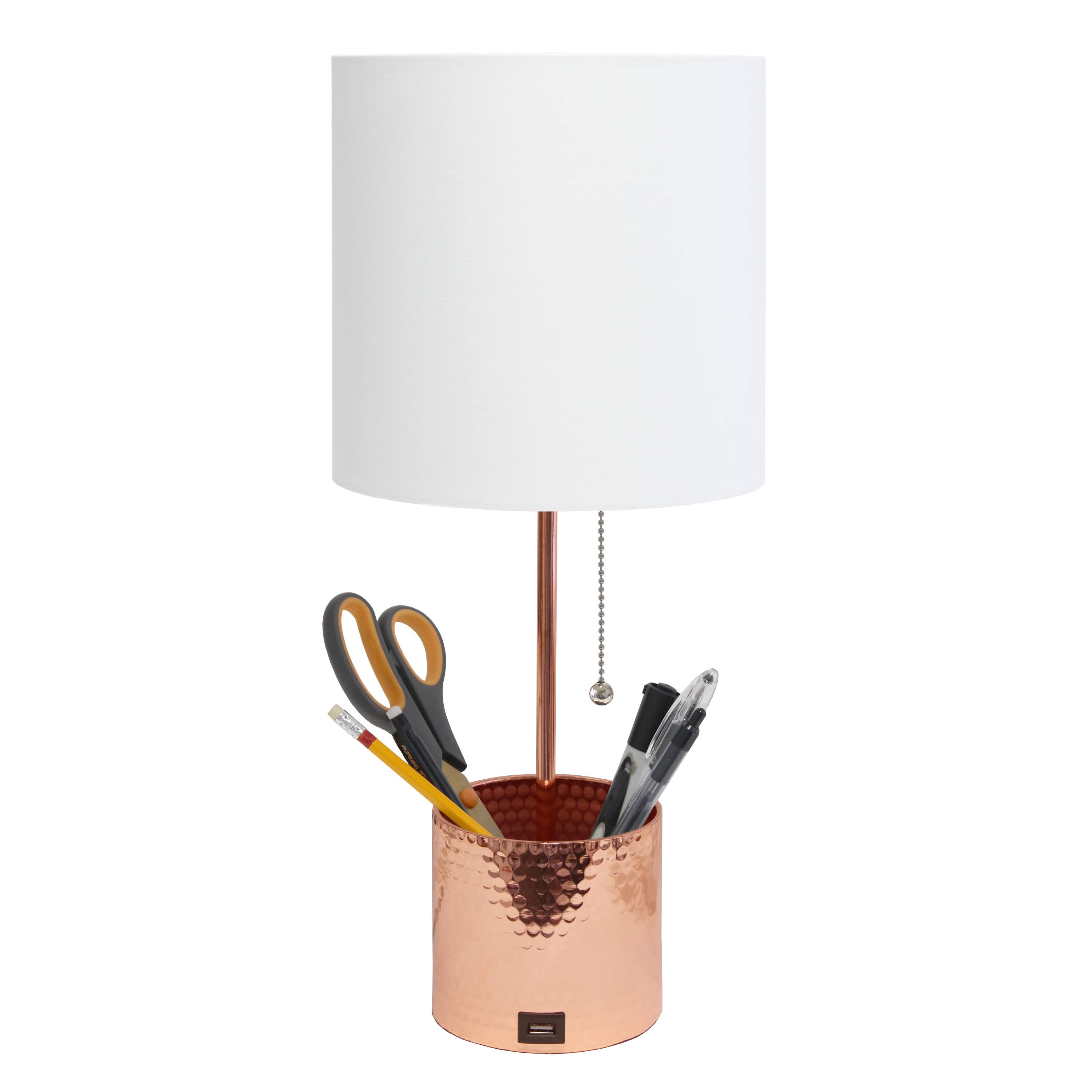 Simple Designs 18.5&#x22; Hammered Metal Container Base Table Lamp with USB Charging Port