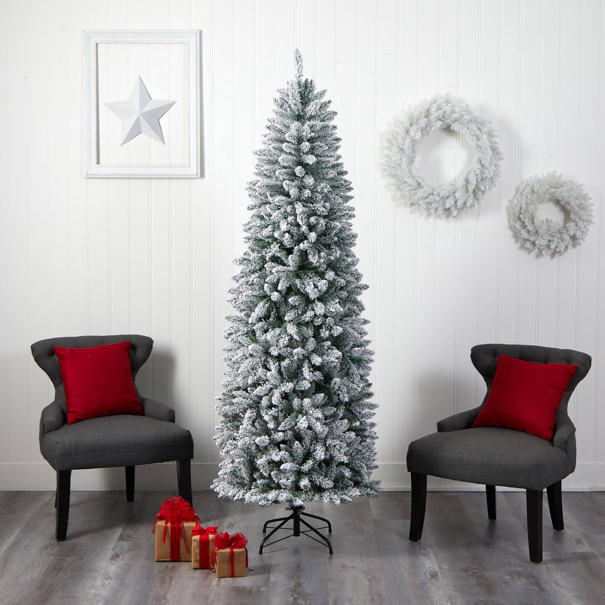 7ft. Pre-Lit Flocked Montreal Fir Artificial Christmas Tree, Warm White LED Lights