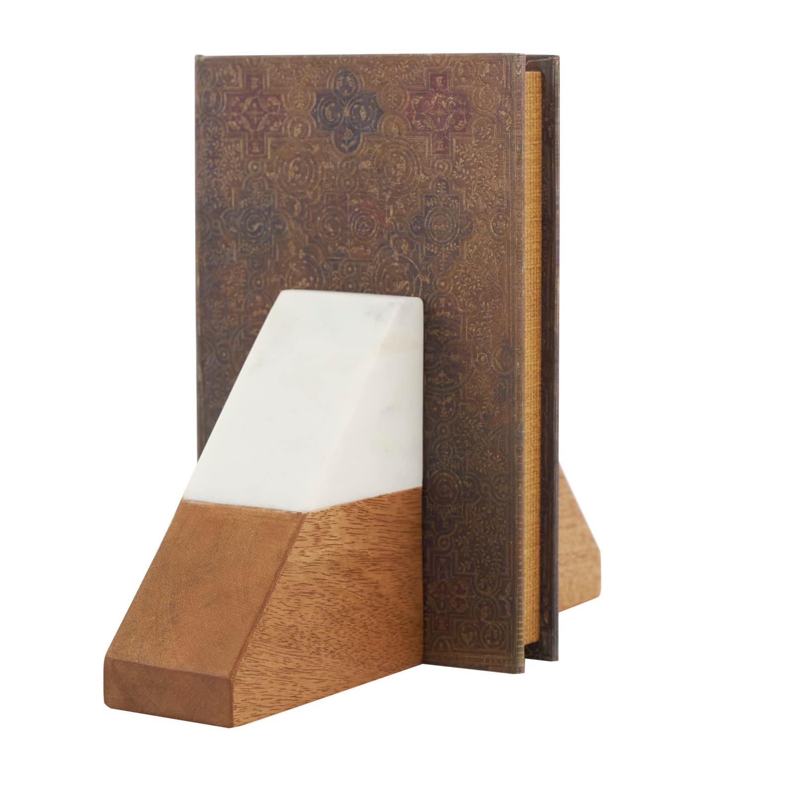 5&#x22; Marble &#x26; Wood Geometric Triangle Bookends Set