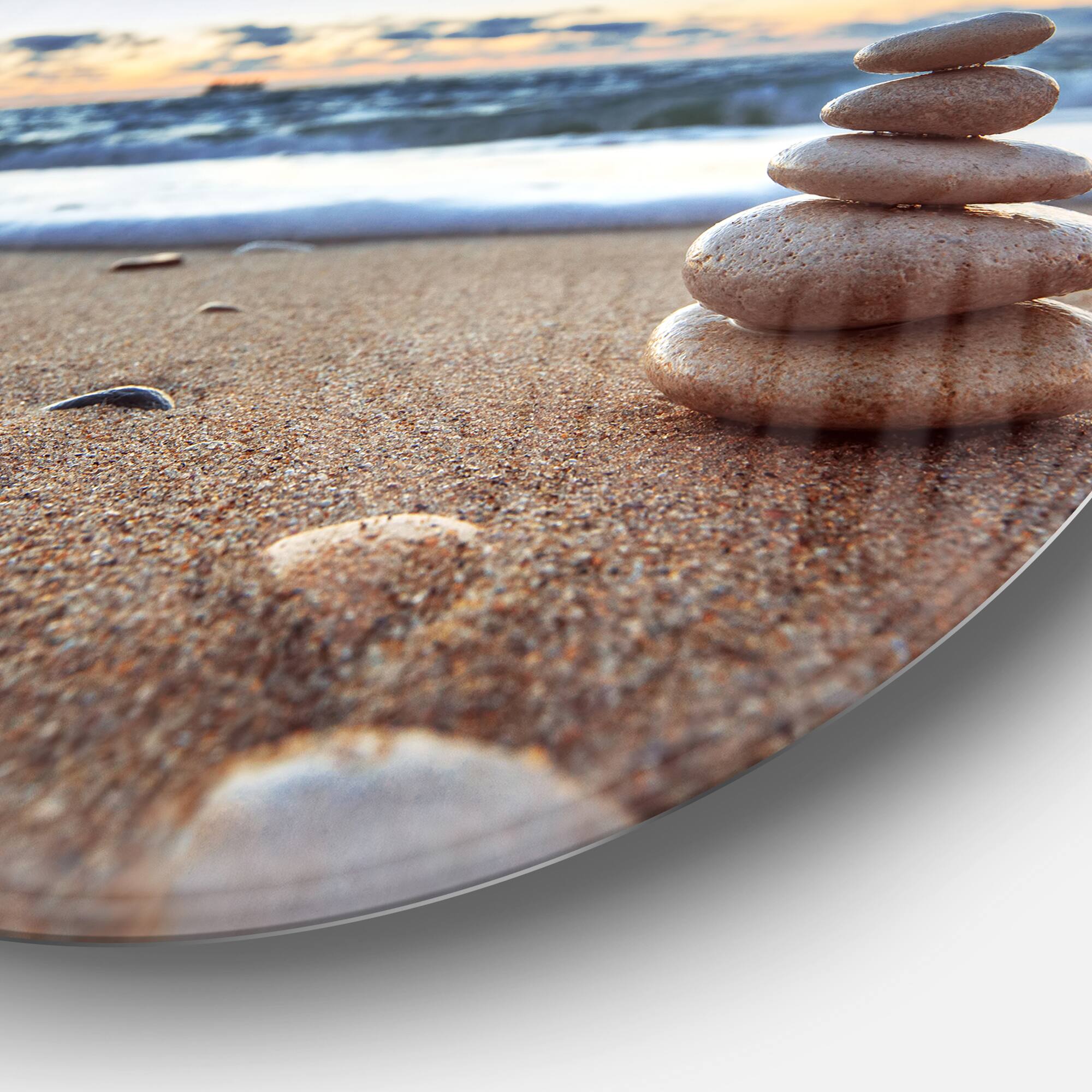 Designart - Stones Balance on Sandy Beach&#x27; Seashore Metal Circle Wall Art