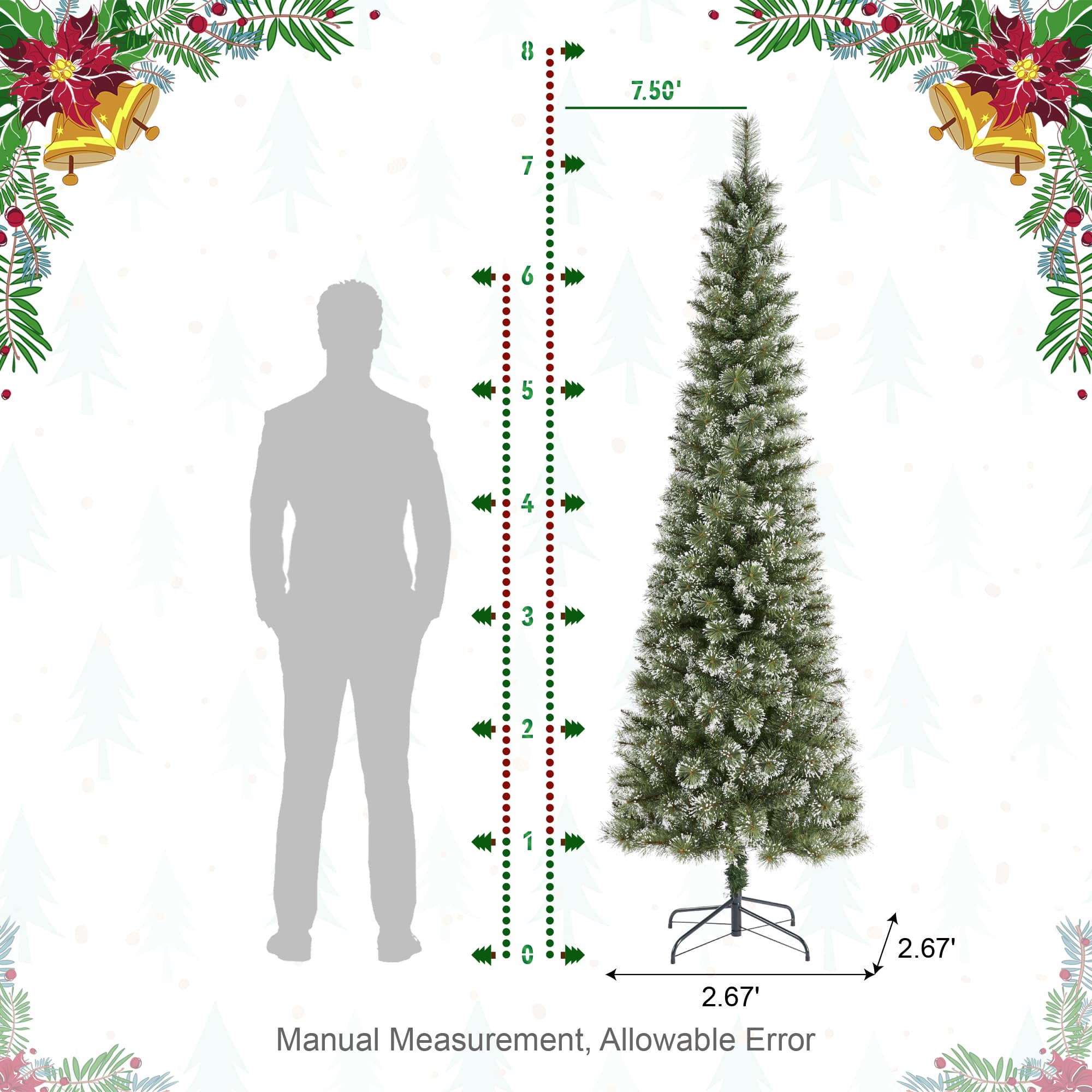 Glitzhome&#xAE; 7.5ft Pre-Lit Frosted Cashmere Pencil Pine Artificial Christmas Tree, Multicolor LED Lights