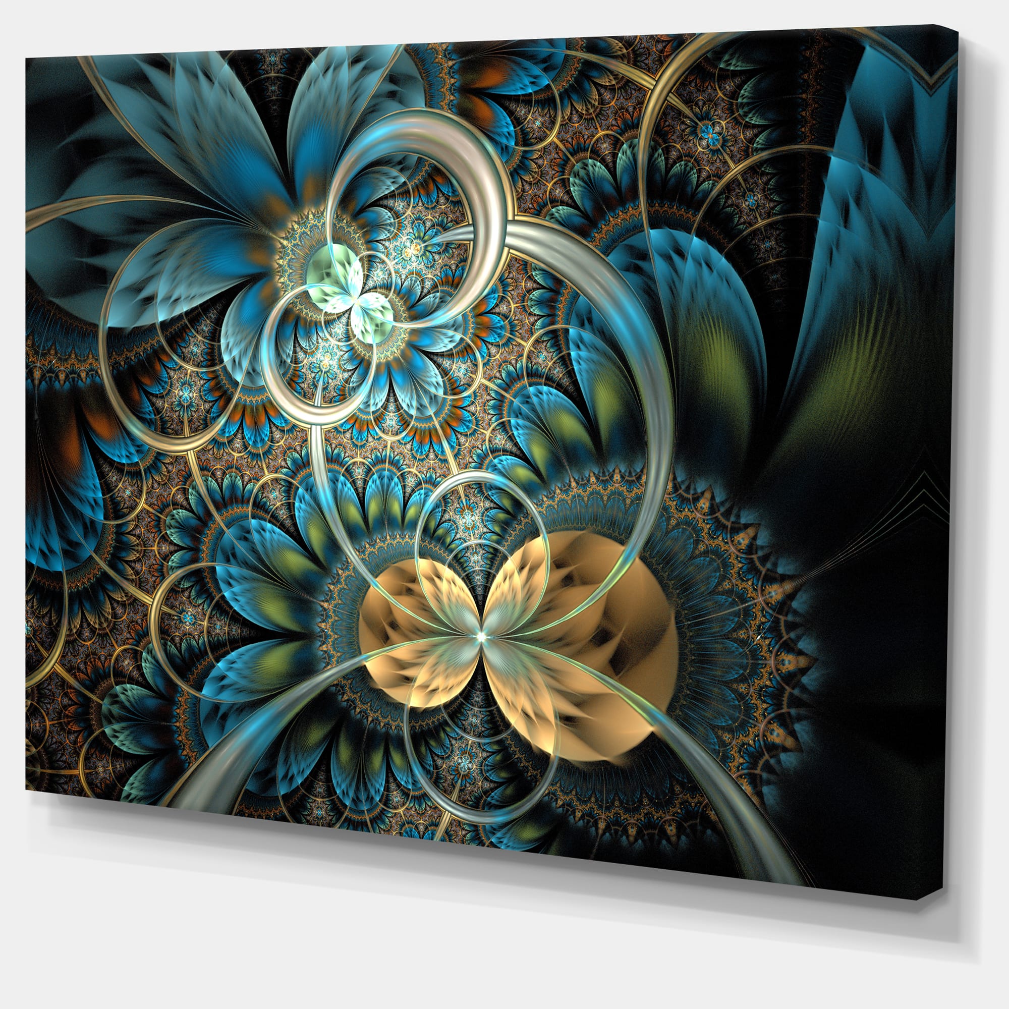 Designart - Symmetrical Blue Gold Fractal Flower - Abstract Print On Canvas
