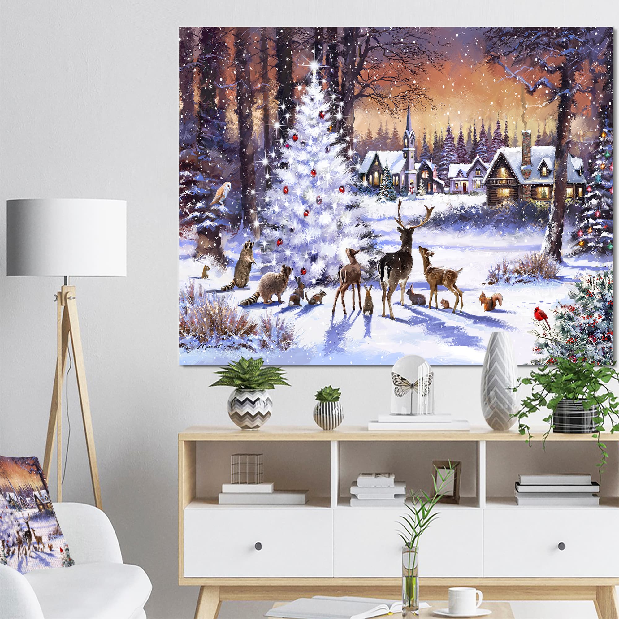 Designart Christmas Woods with Deer, Buck &#x26; Owl Canvas Art