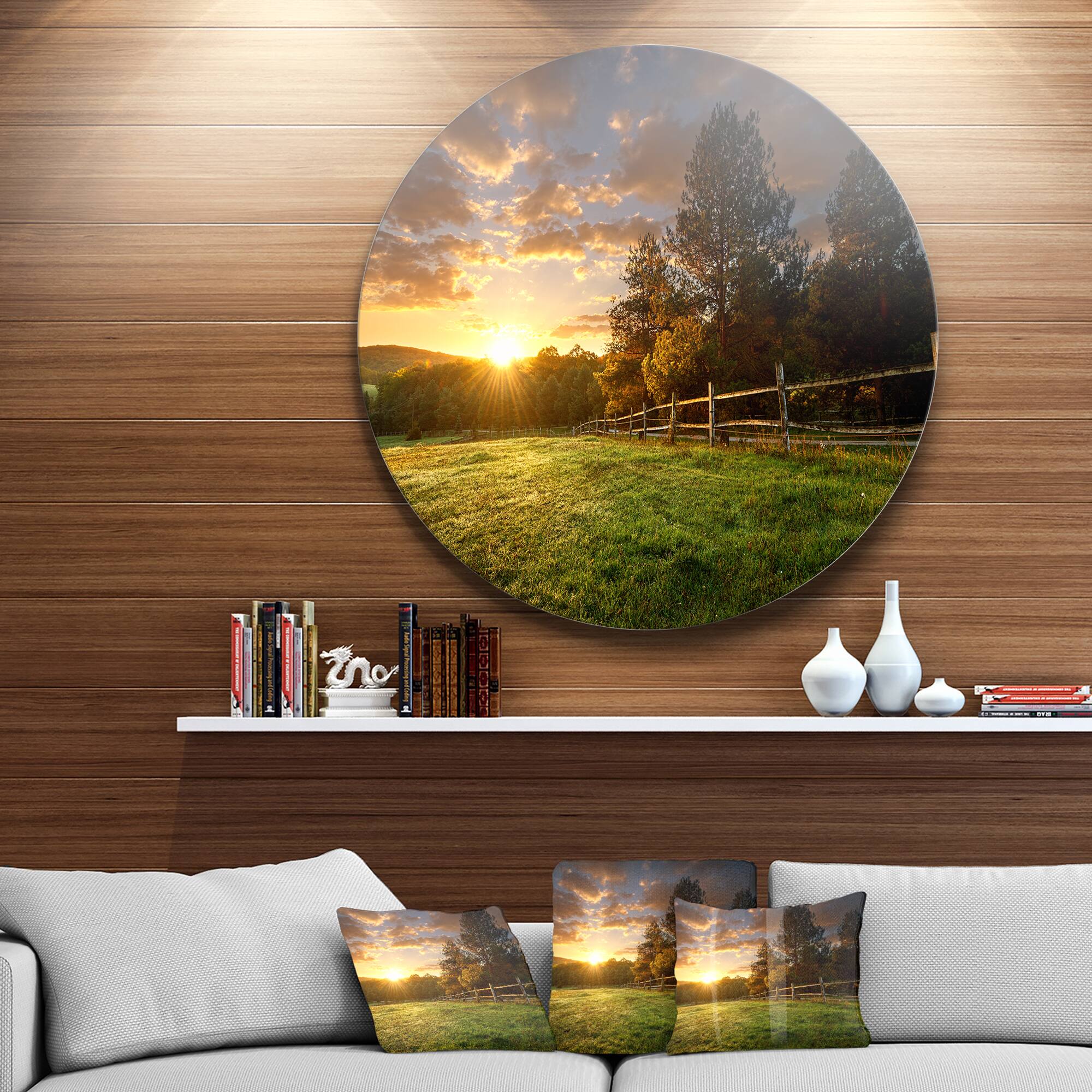 Designart - Fenced Ranch at Sunrise' Landscape Round Circle Metal Wall Art