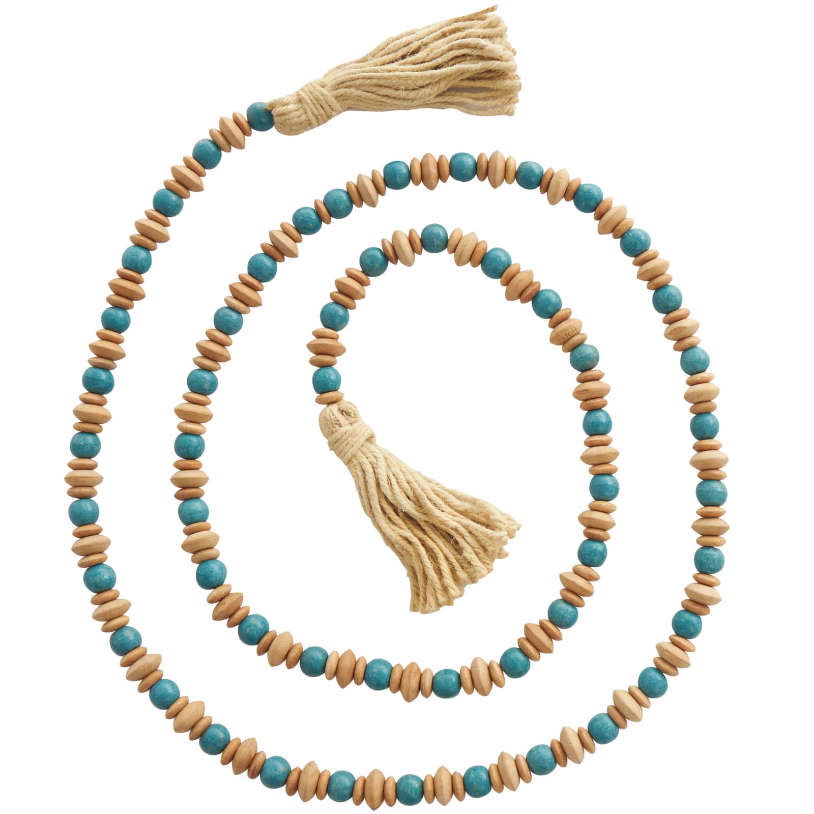 7ft. Teal Mango Wood Handmade Round Long Carved Beaded Garland with Tassel