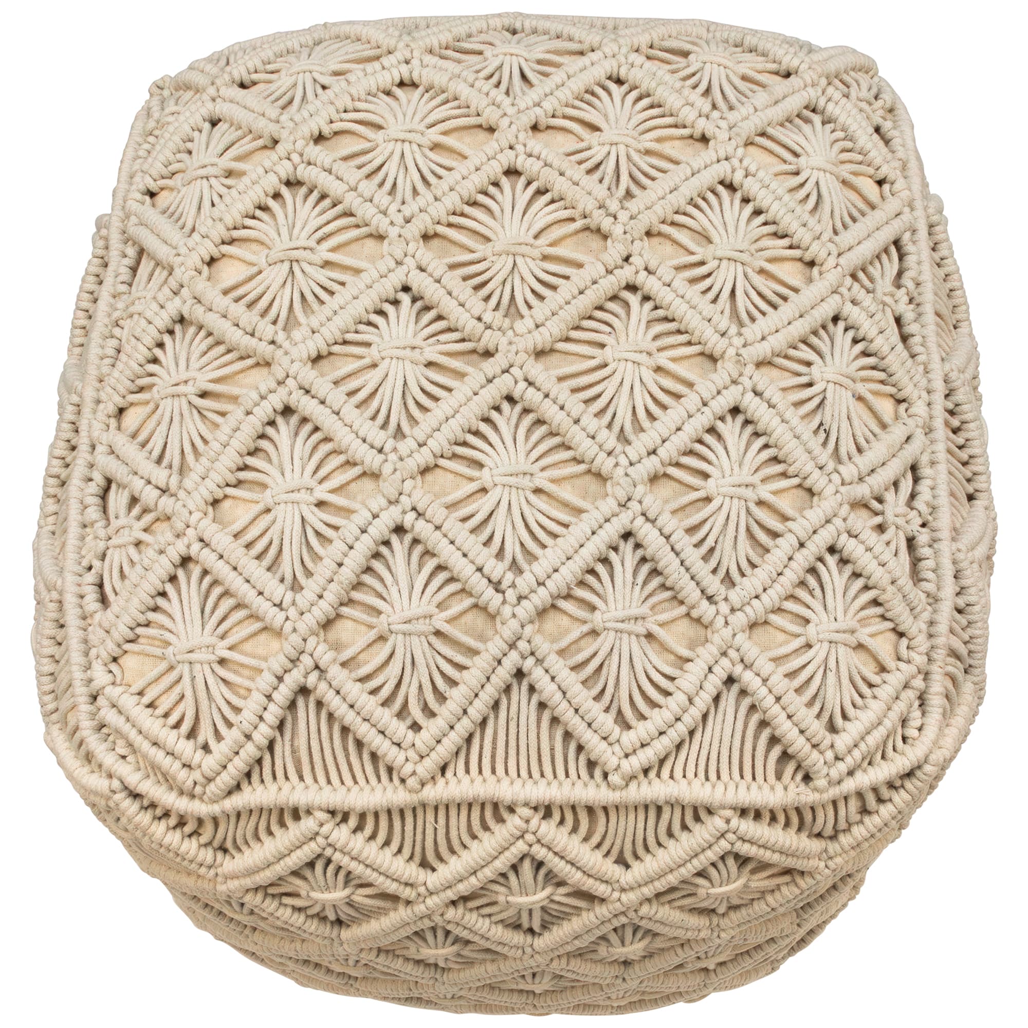 18" Beige Macramé Natural Cotton Square Pouf