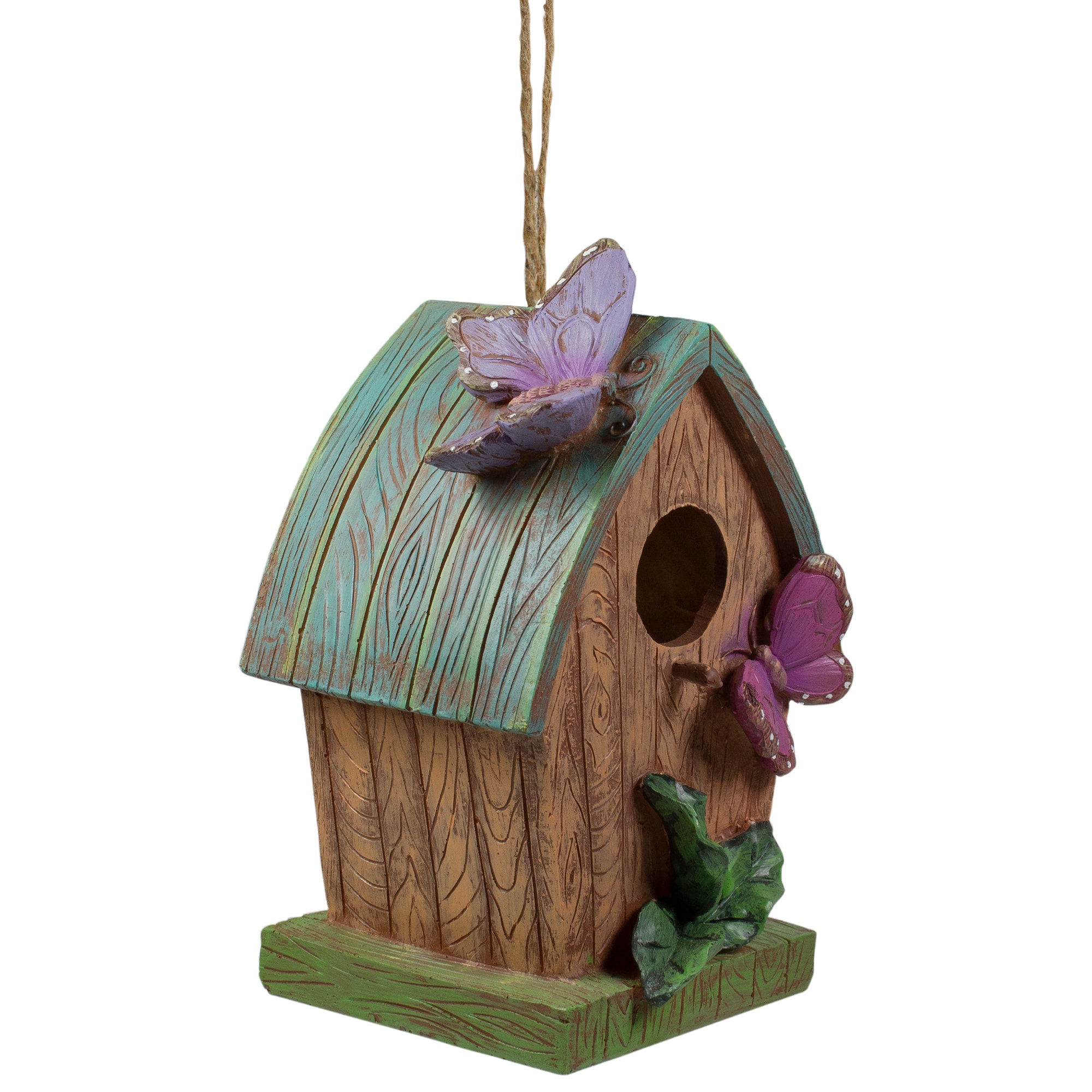 10&#x22; Brown &#x26; Green Hanging Birdhouse With Butterflies Outdoor Garden D&#xE9;cor