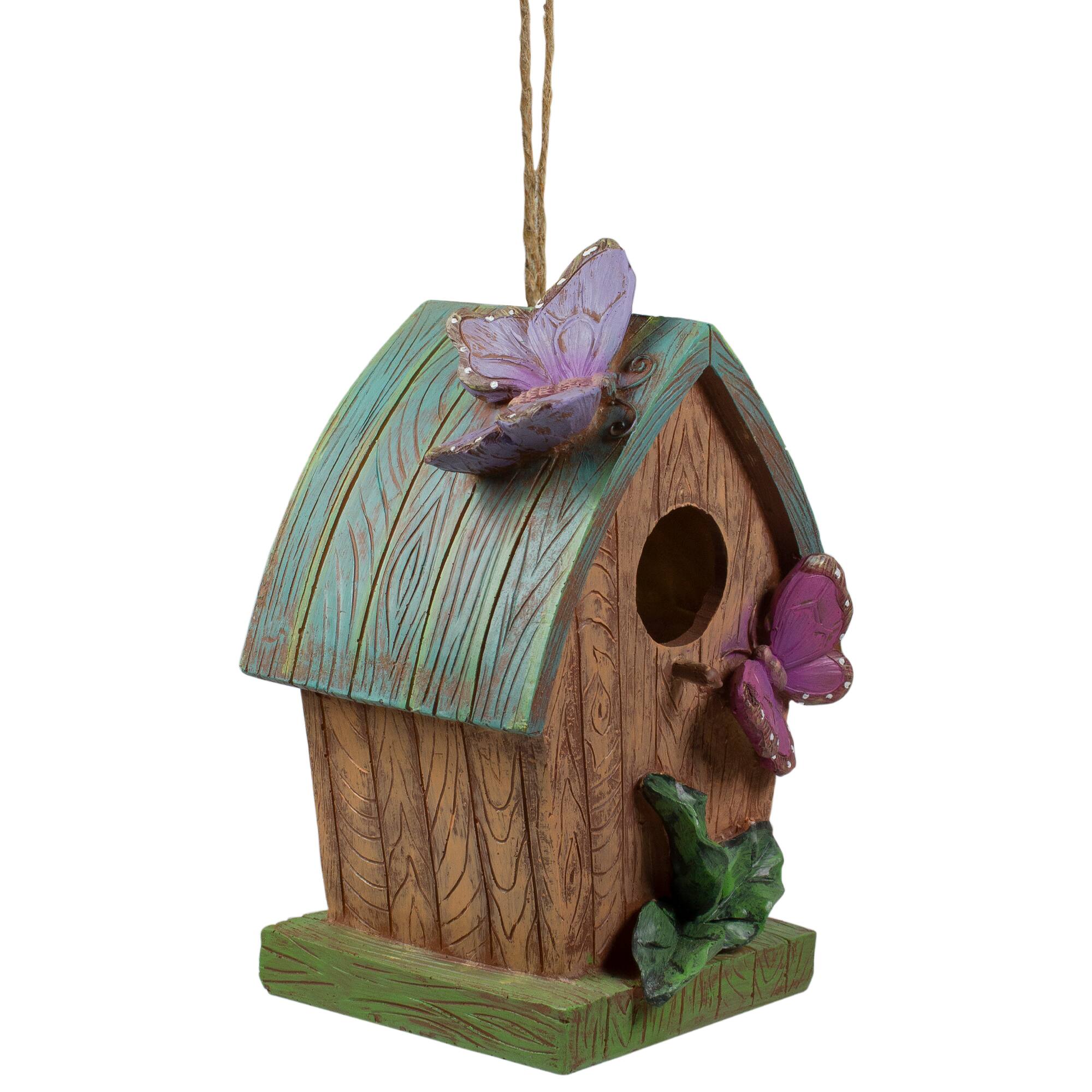10" Brown & Green Hanging Birdhouse With Butterflies Outdoor Garden Décor