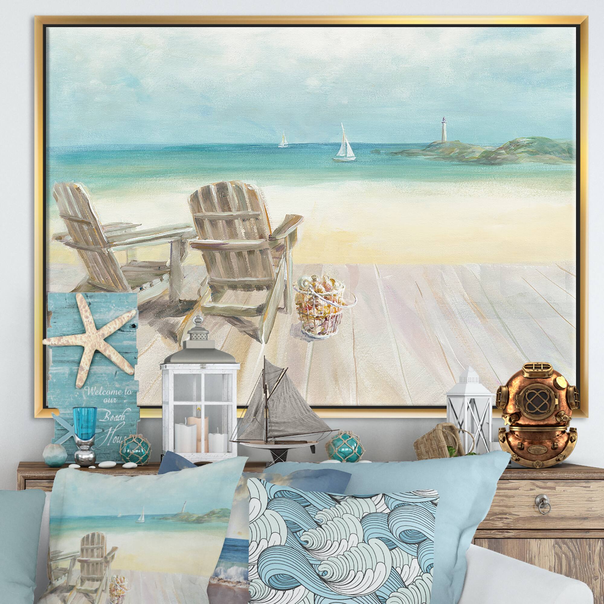 Designart - Seaside Morning no Window - Coastal Canvas in Gold Frame