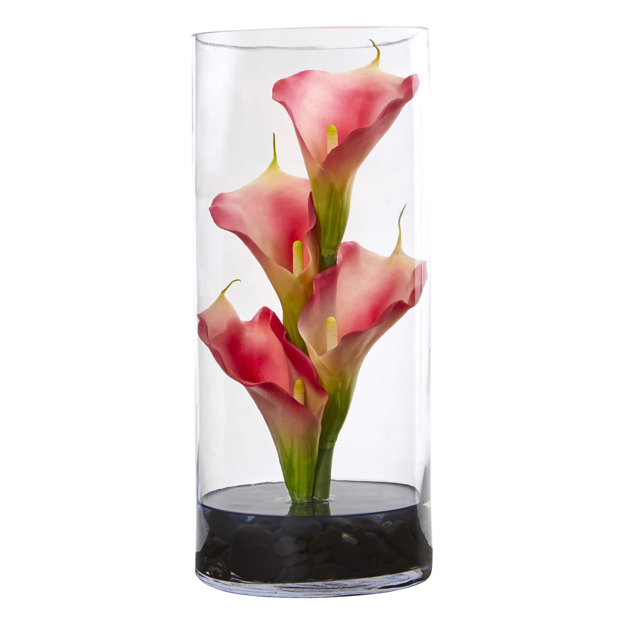 12" Medium Pink Calla Lily Arrangement in Cylinder Glass Vase