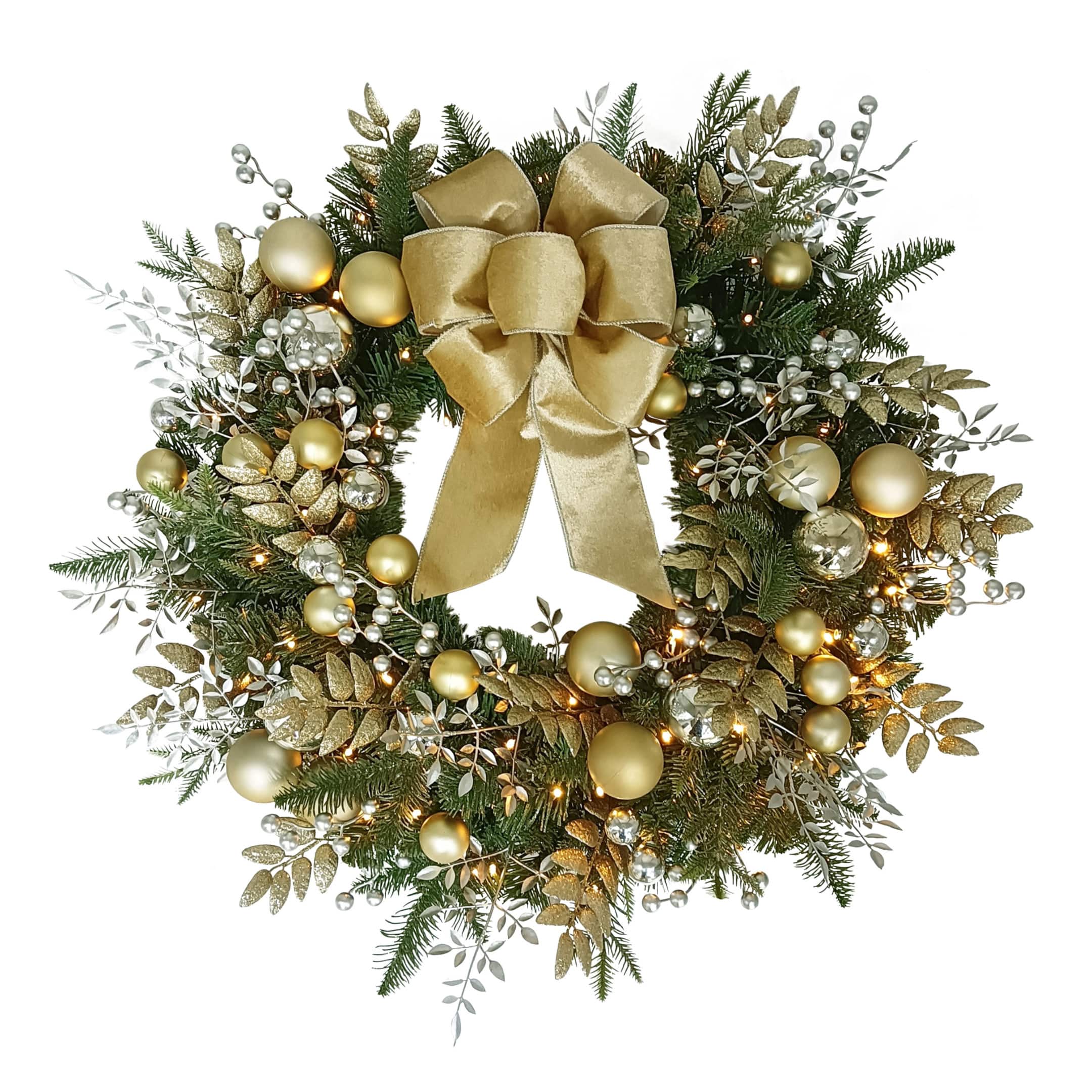 26&#x22; Battery-Operated Pre-Lit Decorated Artificial Wreath with Gold Bow
