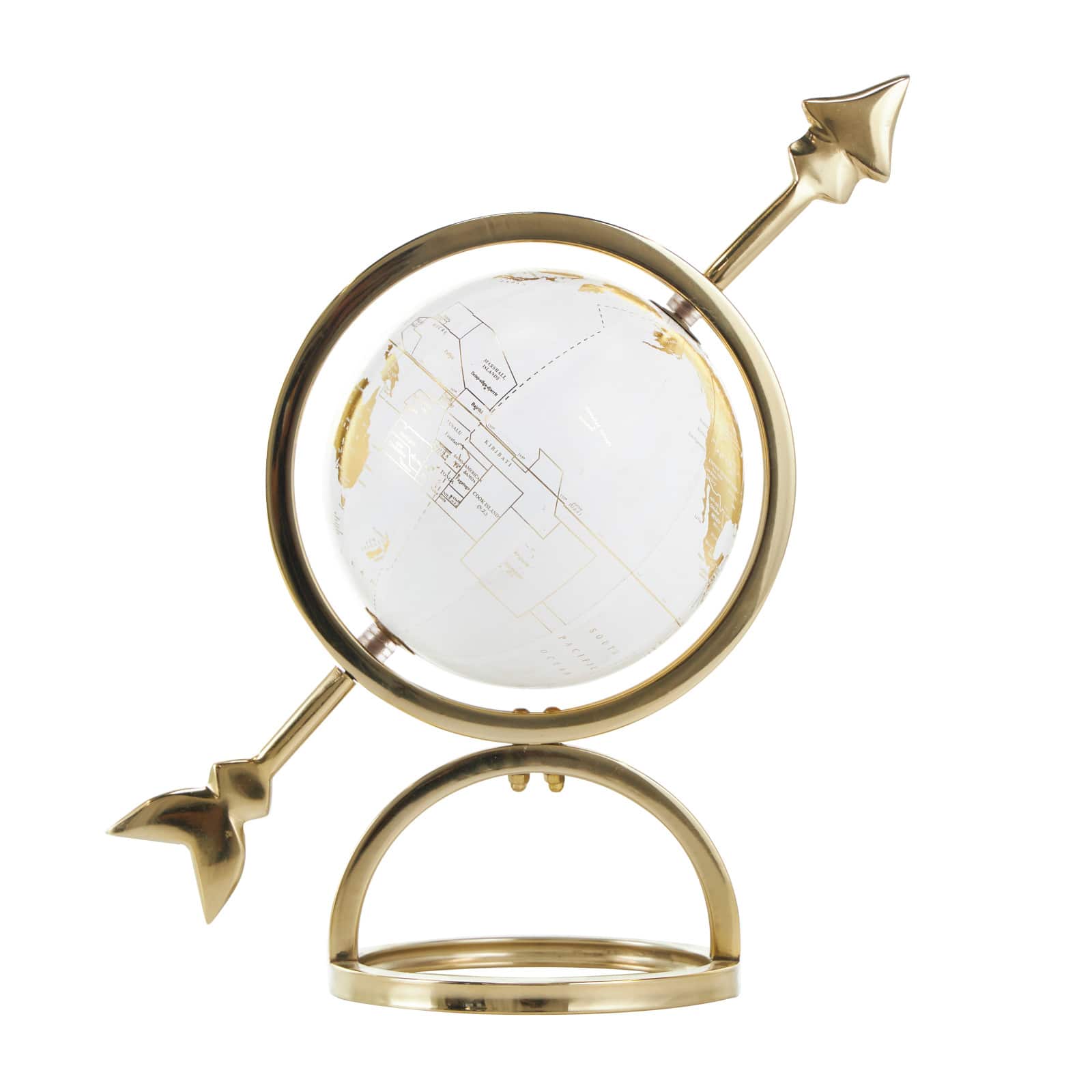 White & Gold Aluminum Tabletop Globe in Arrow Stand