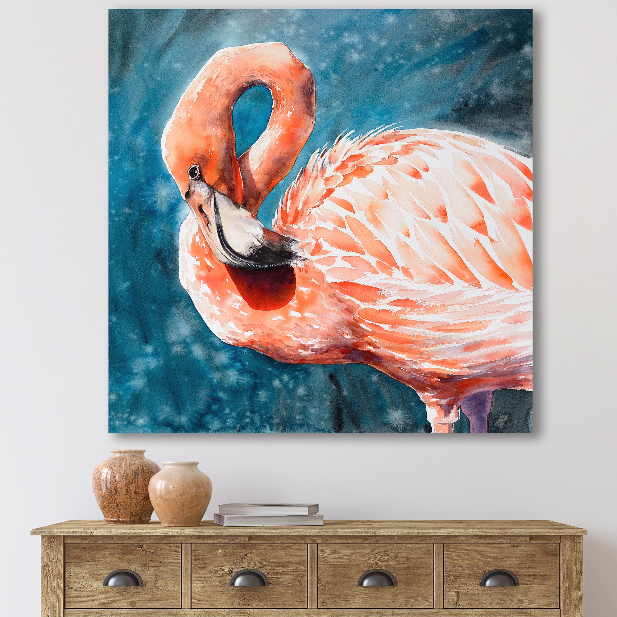 Designart - Pink Flamingos In Blue Water II - Farmhouse Canvas Wall Art Print