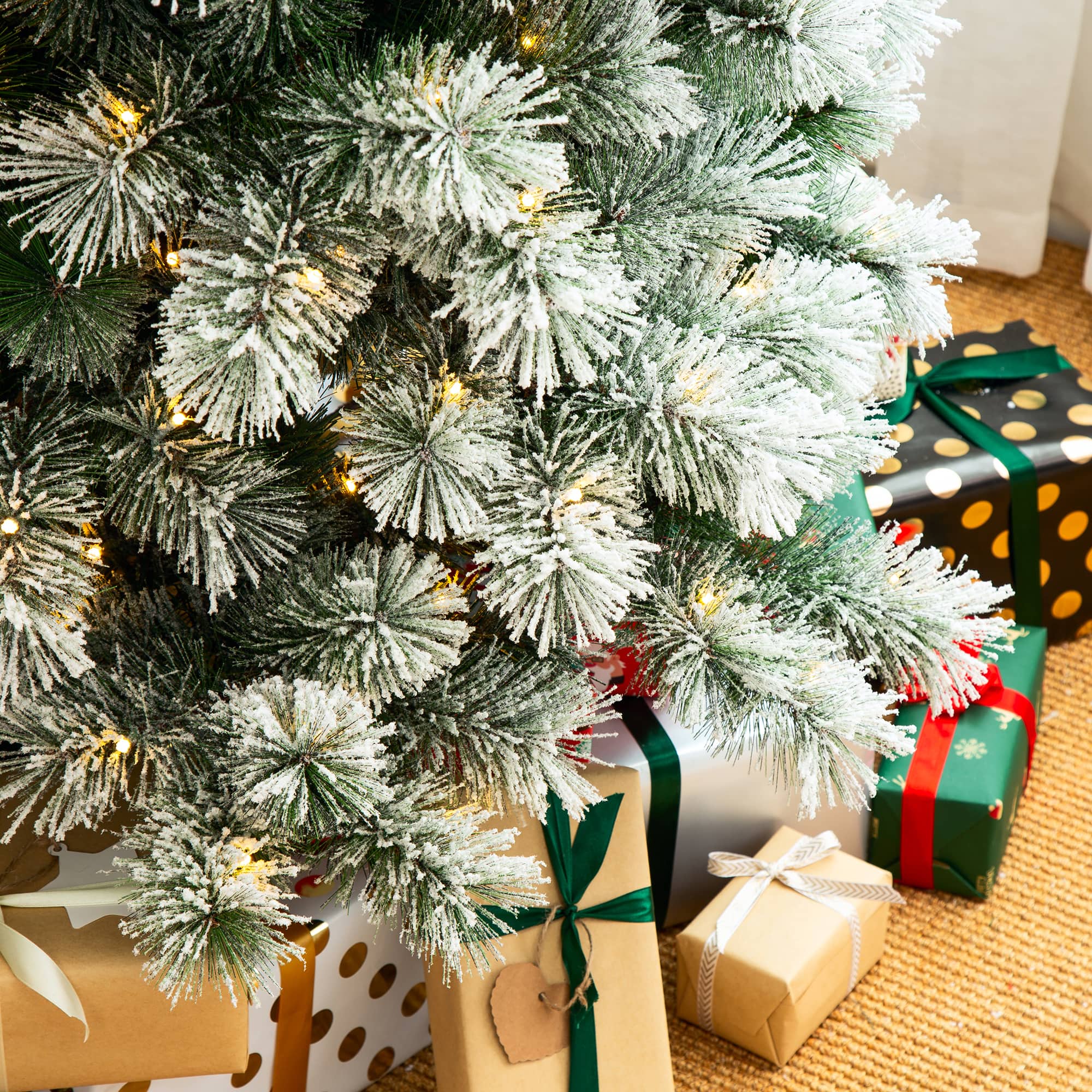 7.5ft Pre-Lit Flocked Pine Artificial Christmas Tree, Warm White LED Lights