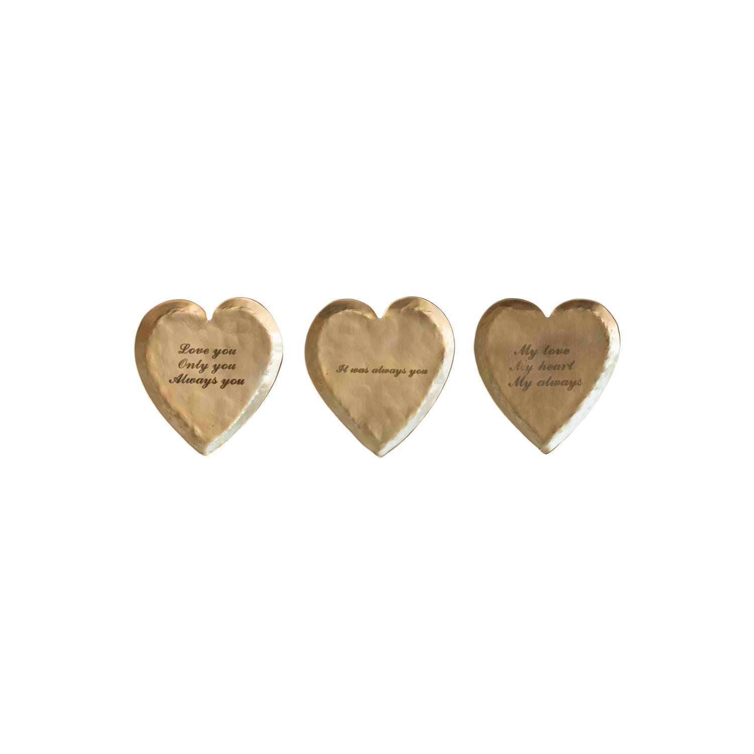 Hello Honey® 3.75" Decorative Brass Heart-Shaped Dish with Sayings Set