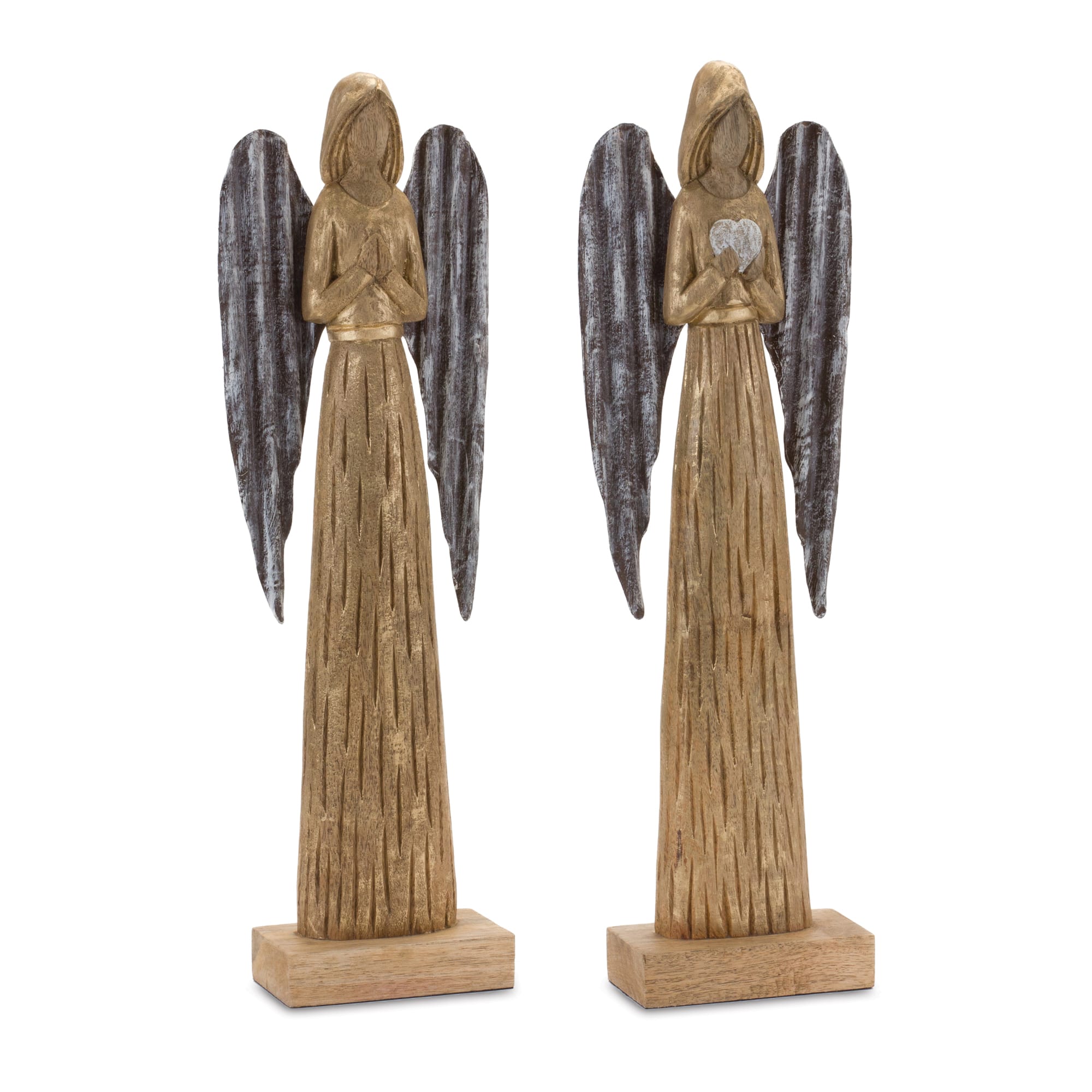 22.75" Carved Wood Angel Statue Set