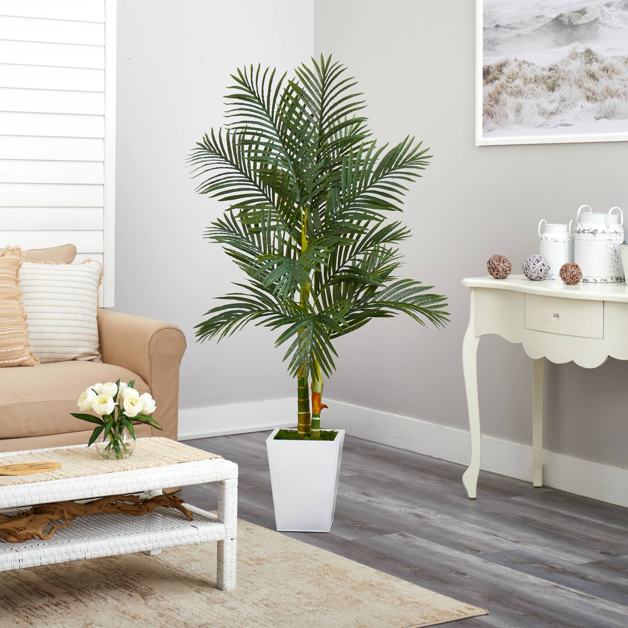 5.5ft. Golden Cane Artificial Palm Tree in White Metal Planter
