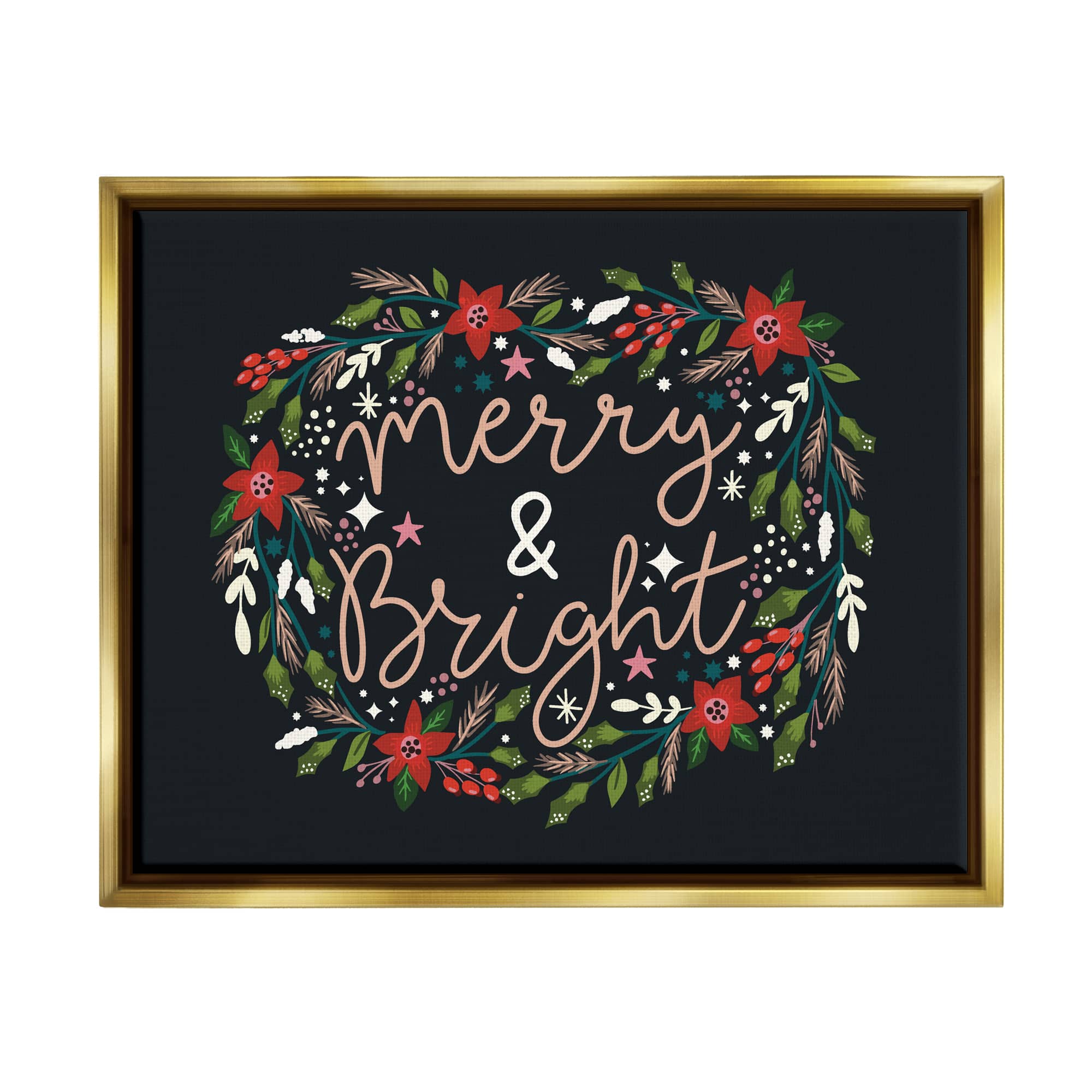 Stupell Industries Merry & Bright Poinsettia Wreath Framed Floater Canvas Wall Art