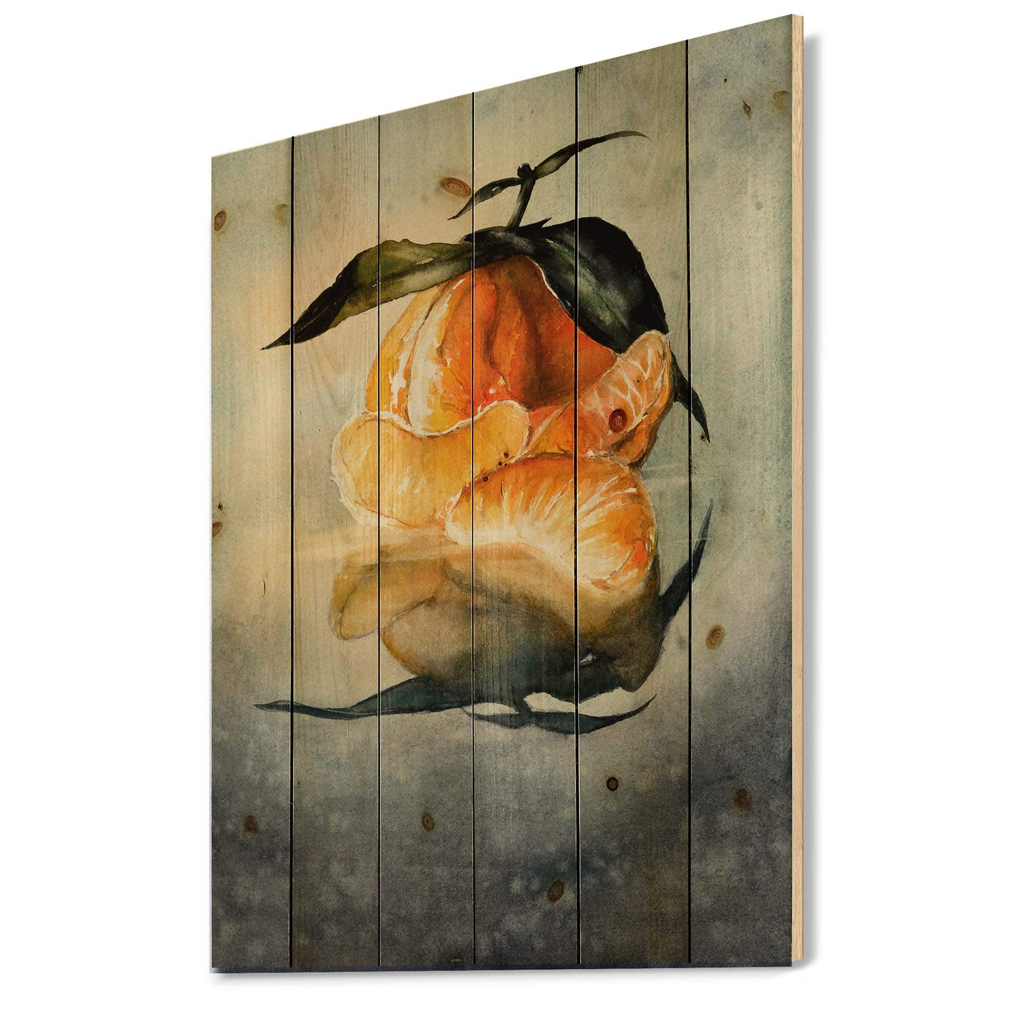 Designart - One Peeled Fresh Orange Mandarin With Green Leaves - Traditional Print on Natural Pine Wood