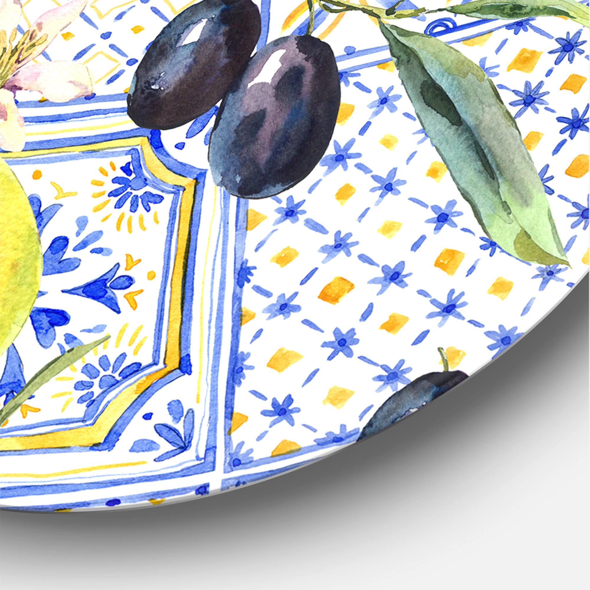 Designart - Lemon Ornament On Blue Geometrical Pattern III - Tropical Metal Circle Wall Art