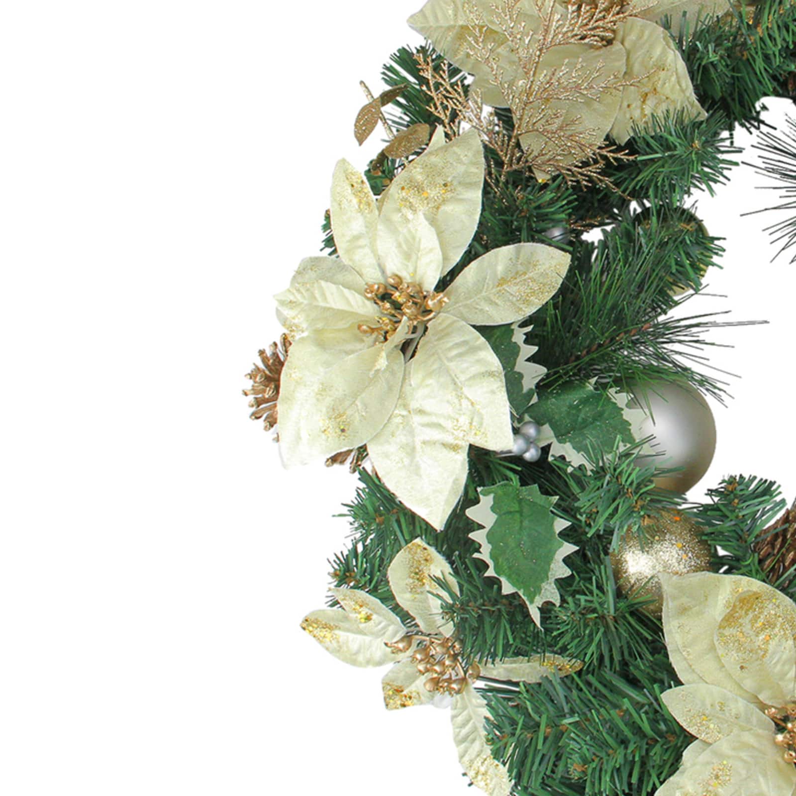 24&#x22; Pre-Decorated Gold Poinsettia &#x26; Ball Artificial Wreath