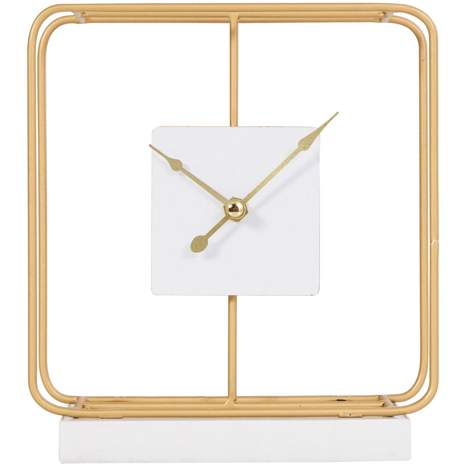 8" Gold Metal Geometric Open Frame Clock with White Clockface & Base
