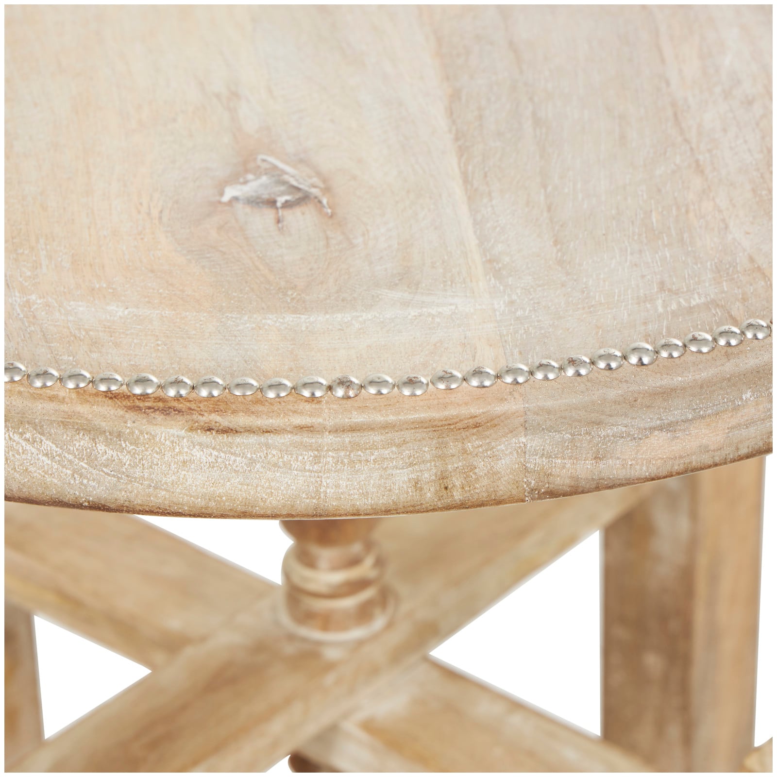 23" Cream Mango Wood Whitewashed Accent Table with Silver Beaded Rim and Turned Legs