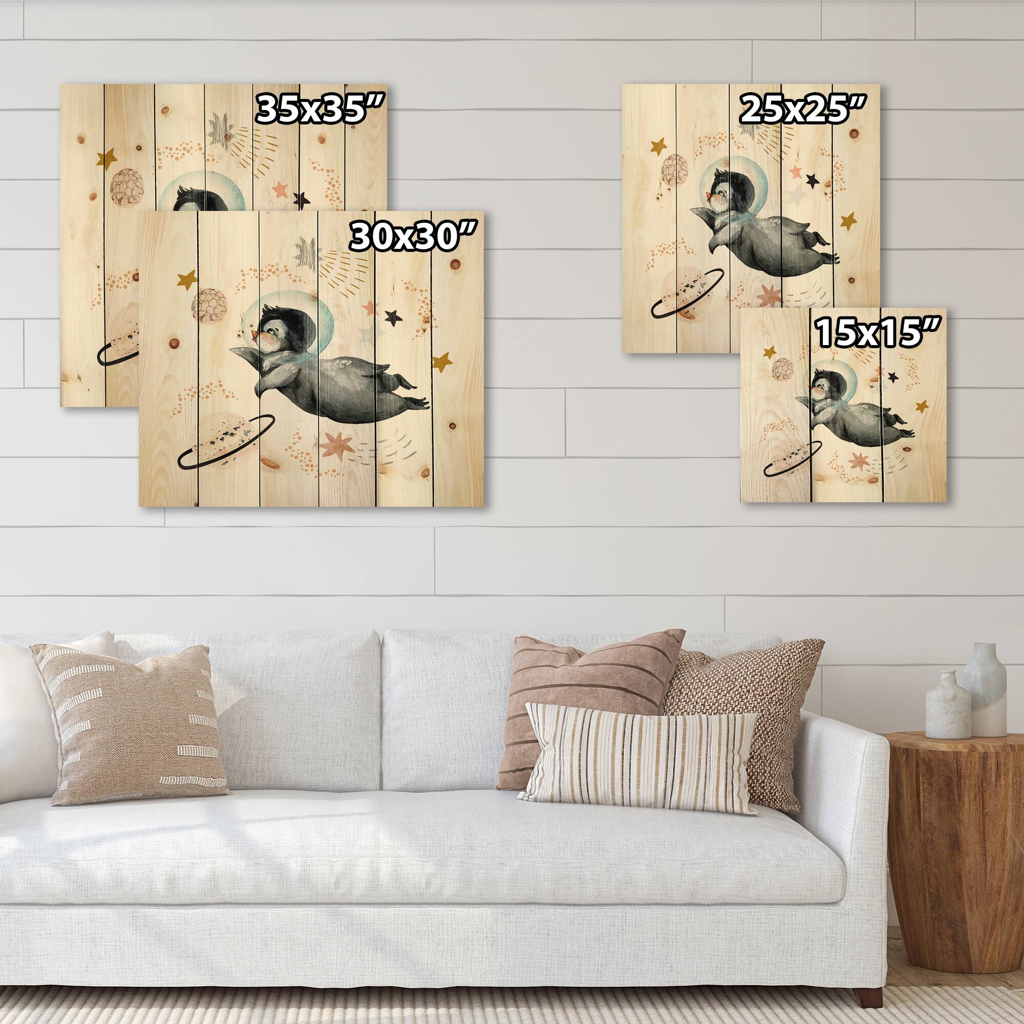 Designart - Little Penguin Flying Stars and Planets II - Farmhouse Print on Natural Pine Wood