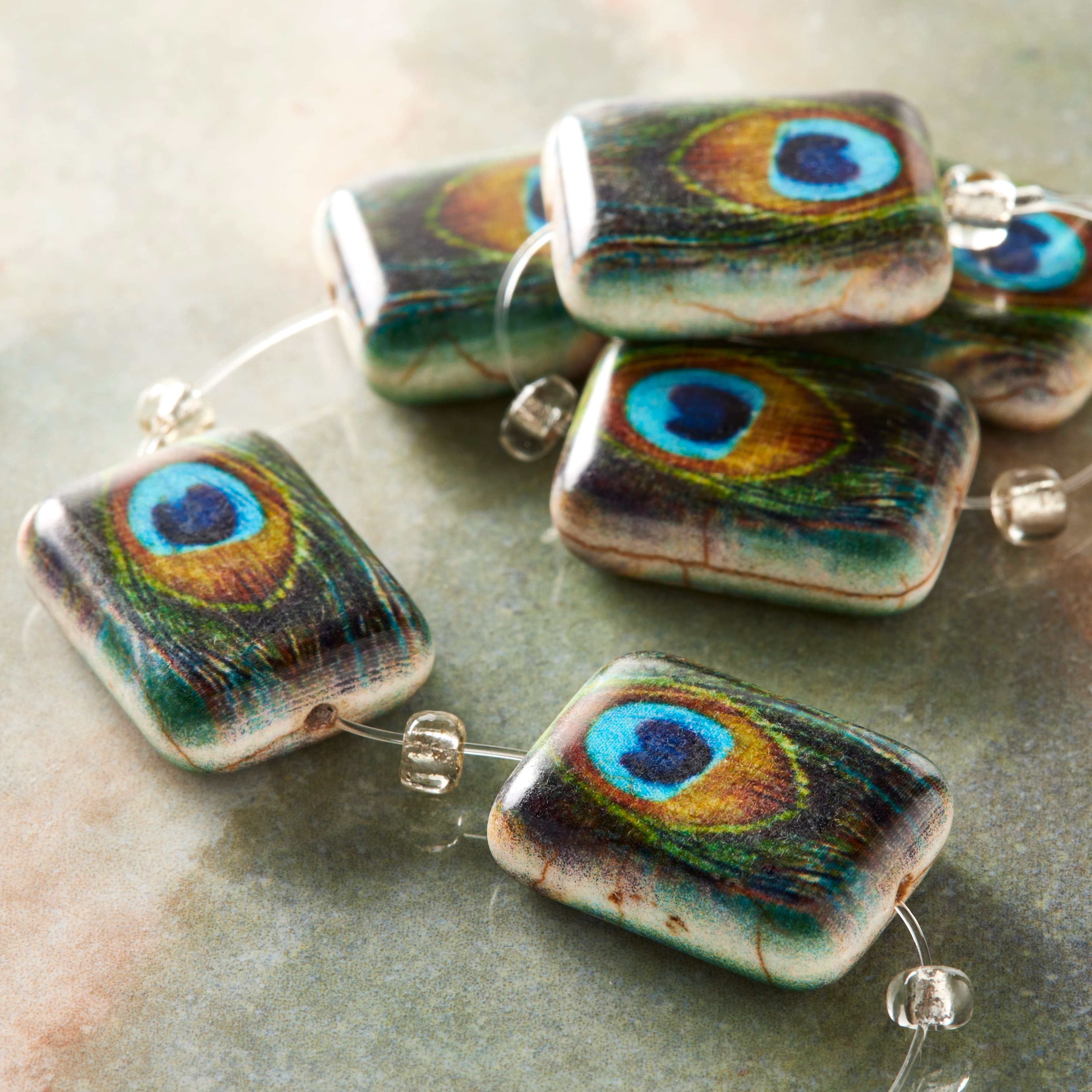 12 Pack:  Reconstituted Stone Peacock Feather Rectangle Beads, 20mm by Bead Landing&#x2122;