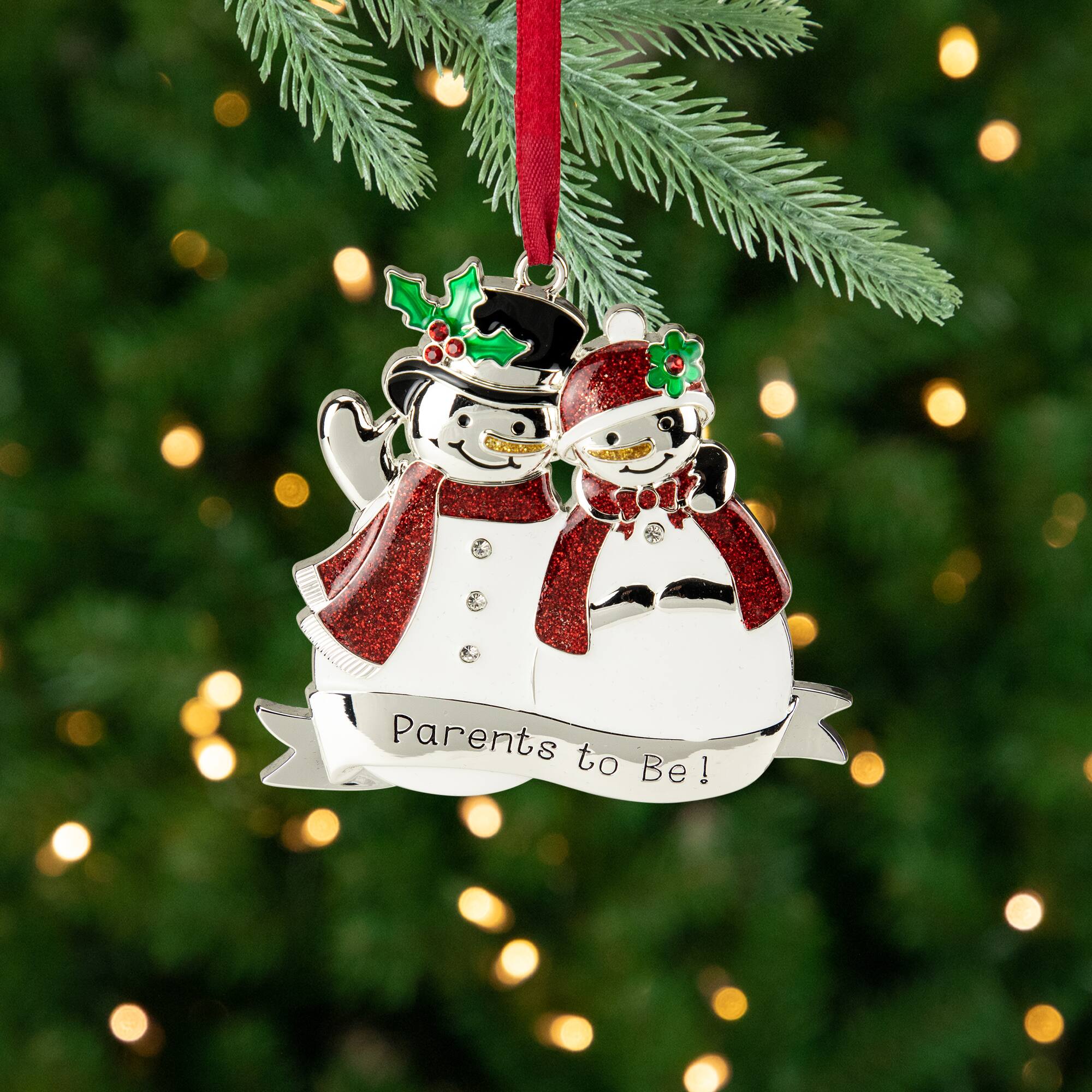 3.5" Silver-Plated SnowCouple Parents to Be Ornament with European Crystals