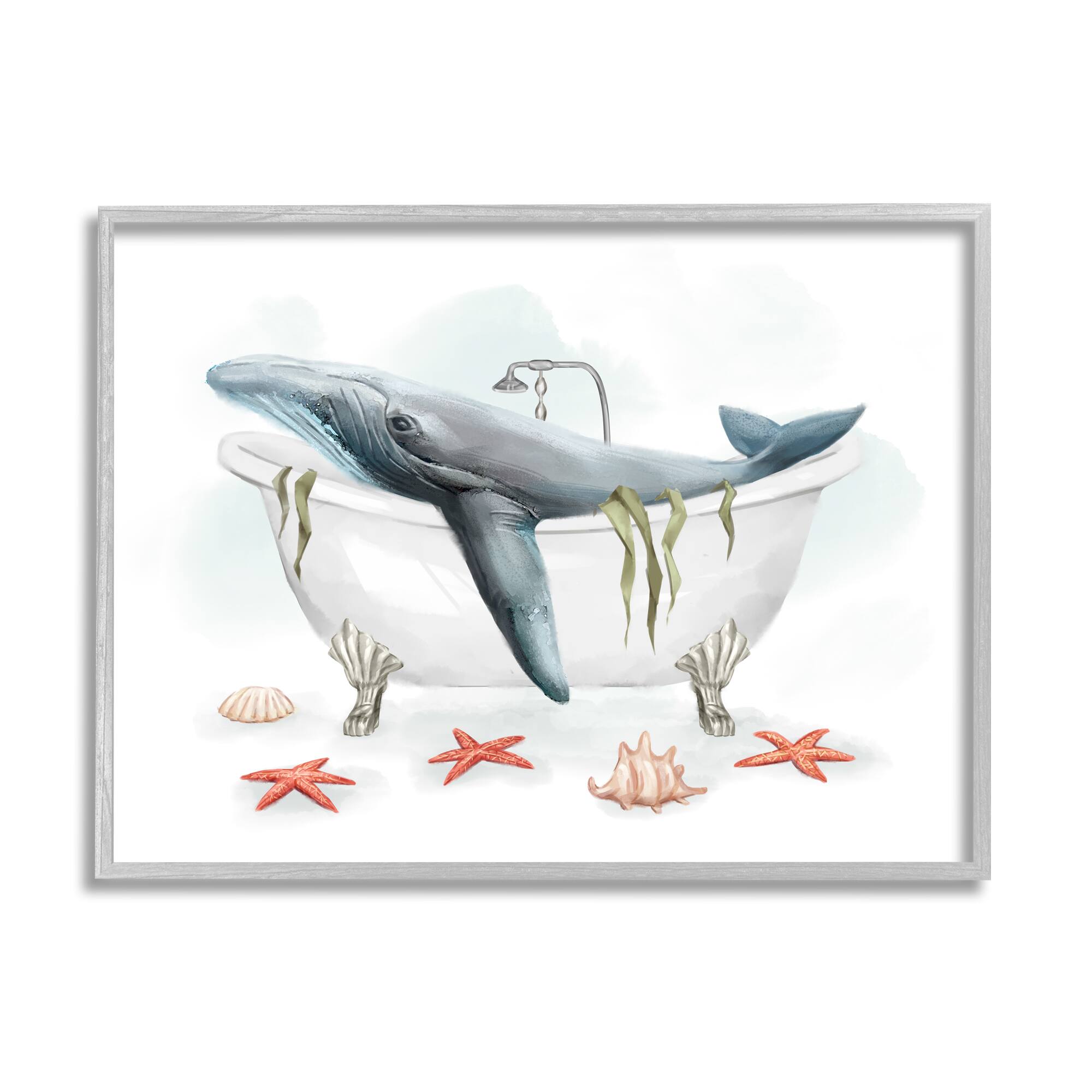 Stupell Industries Whale in Nautical Tub Seafoam Starfish Shells in Gray Frame Wall Art