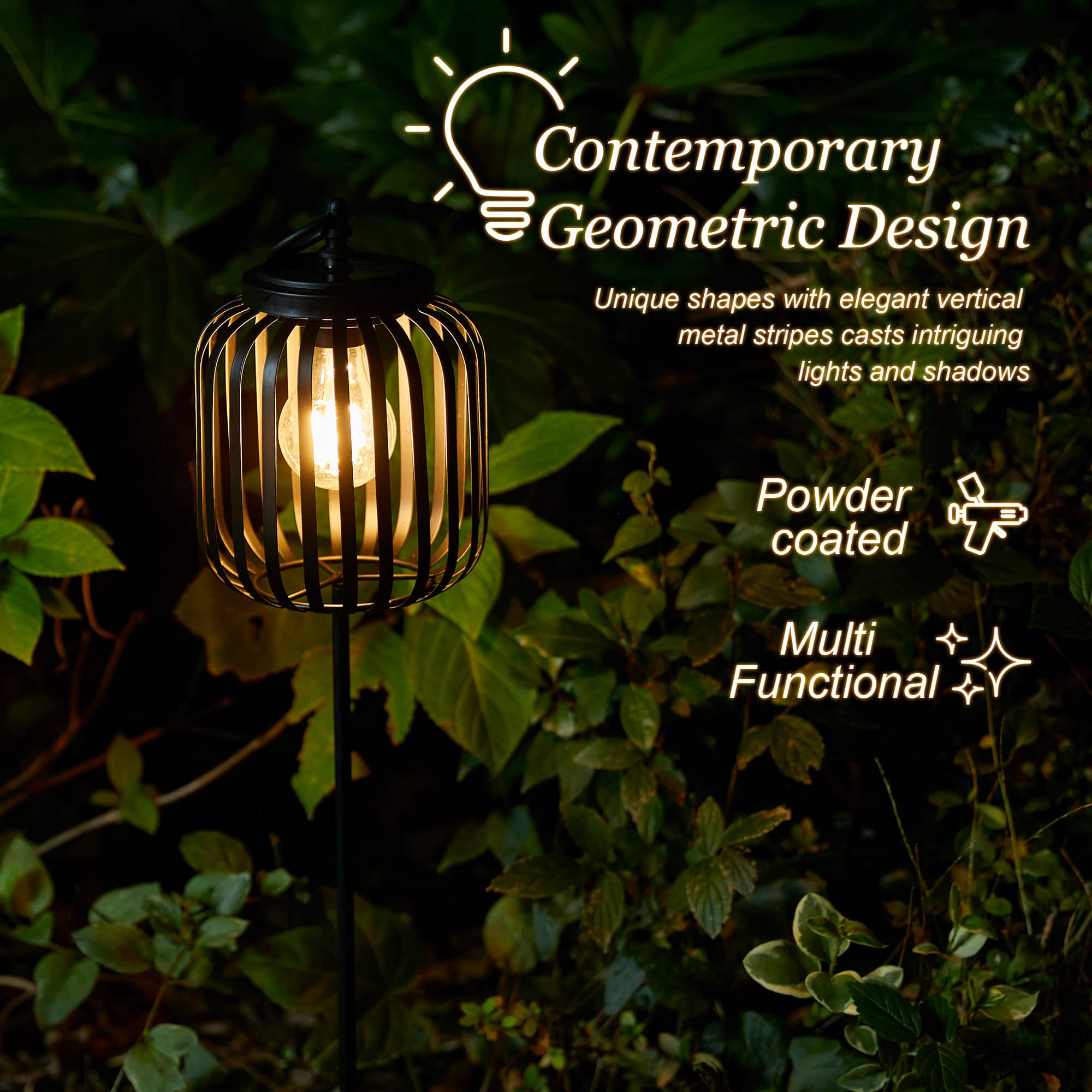 Glitzhome&#xAE; 33&#x22; Black Metal Stripes Solar Powered Outdoor Lantern