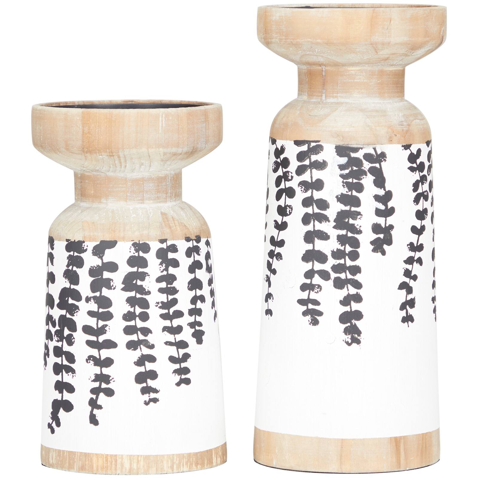 Brown Wood Drooping Vine Pillar Leaf Candle Holder Set