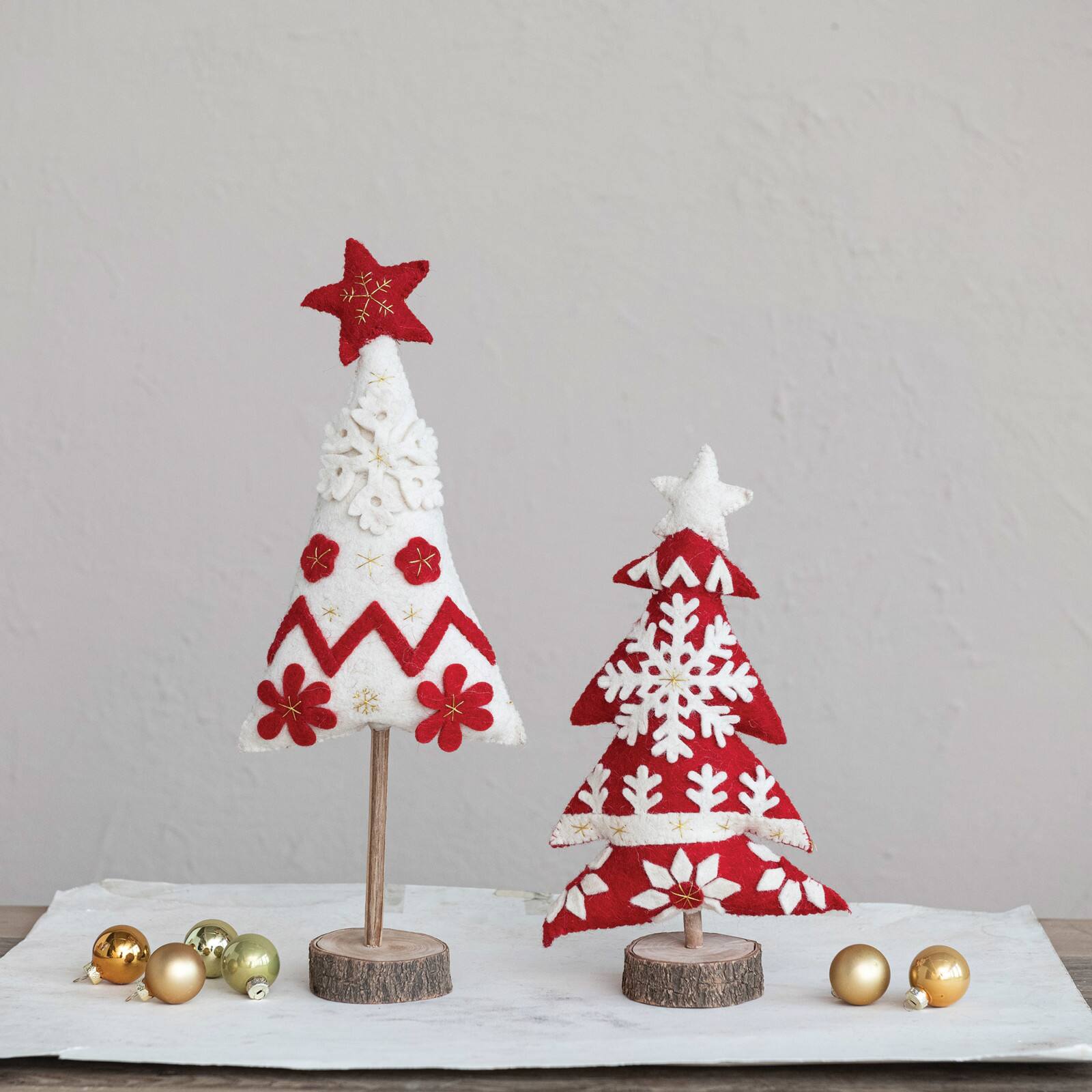 Hello Honey&#xAE; 17&#x22; Red &#x26; White Handmade Wool Felt Christmas Tree with Applique, Embroidery &#x26; Wood Slice Base