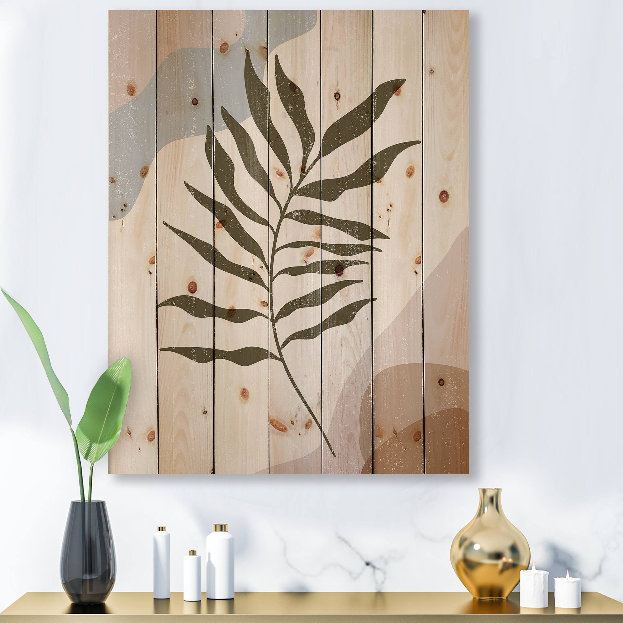 Designart - Botanical Minimalist Leaf In Earth Tones I - Modern Print on Natural Pine Wood