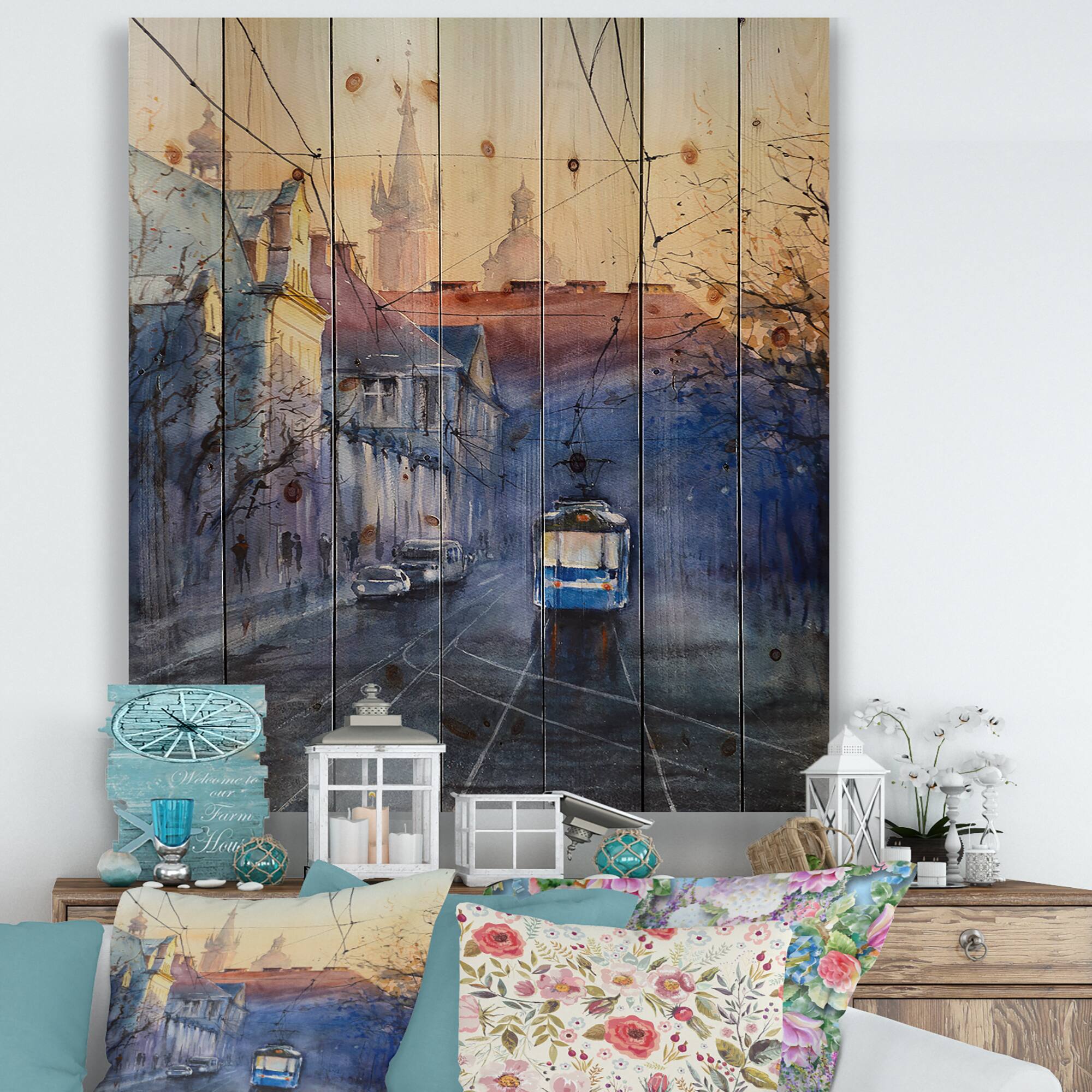 Designart - Blue Tram At Sunset With Church During Sunset - Nautical &#x26; Coastal Print on Natural Pine Wood