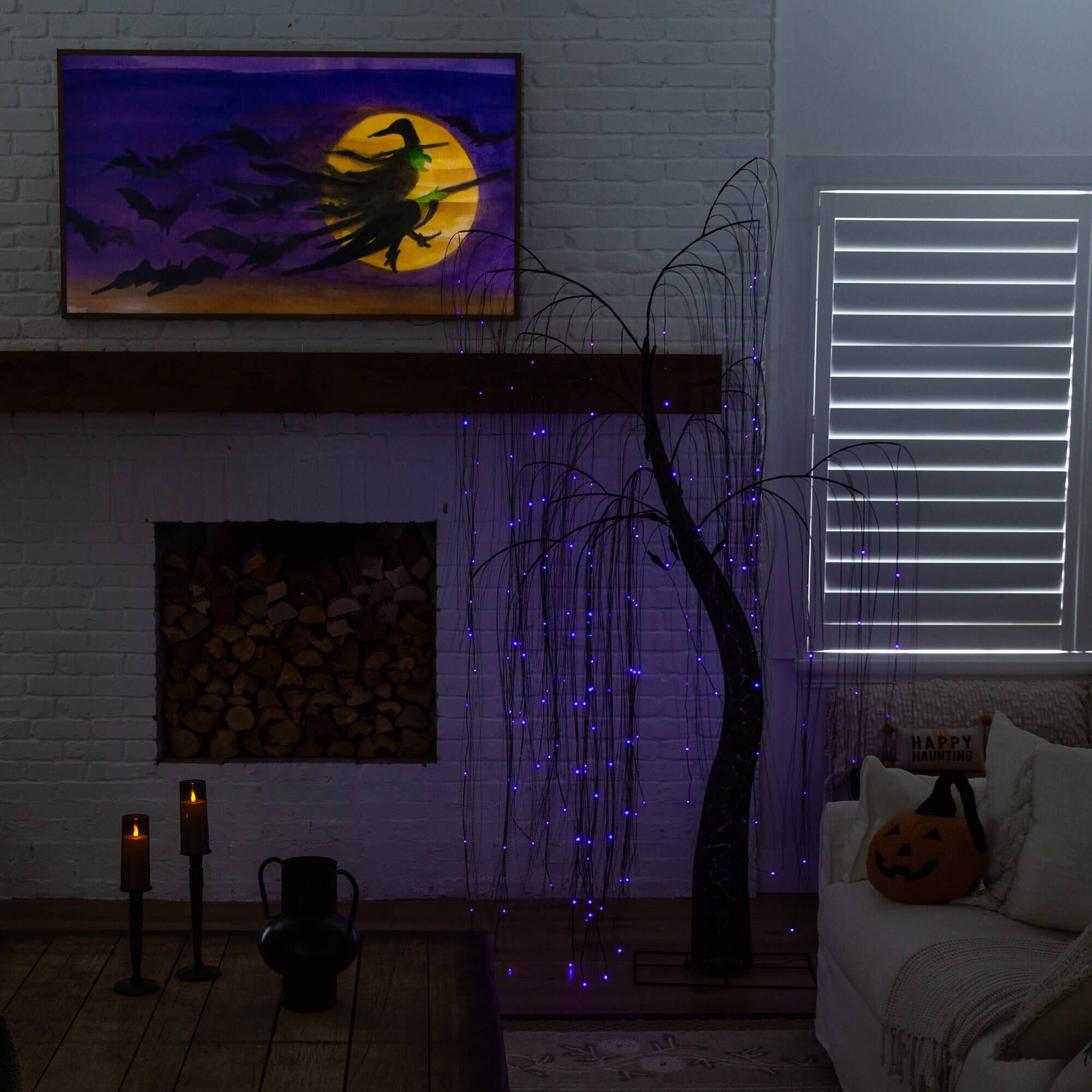 7ft. Pre-Lit Artificial Halloween Black Willow Tree with 600 Purple and Orange Dual Color LED Lights