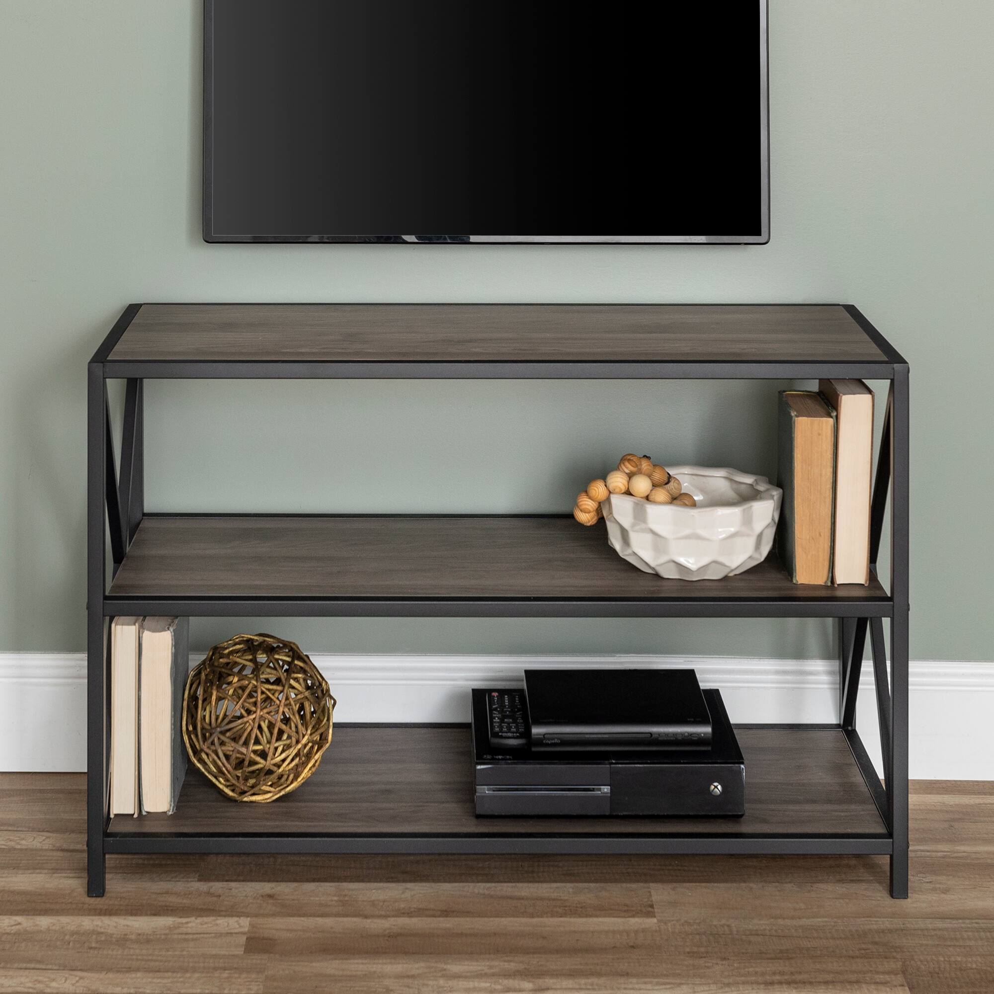 Walker Edison Slate Gray/Black Metal X-Frame Industrial Wood Bookshelf