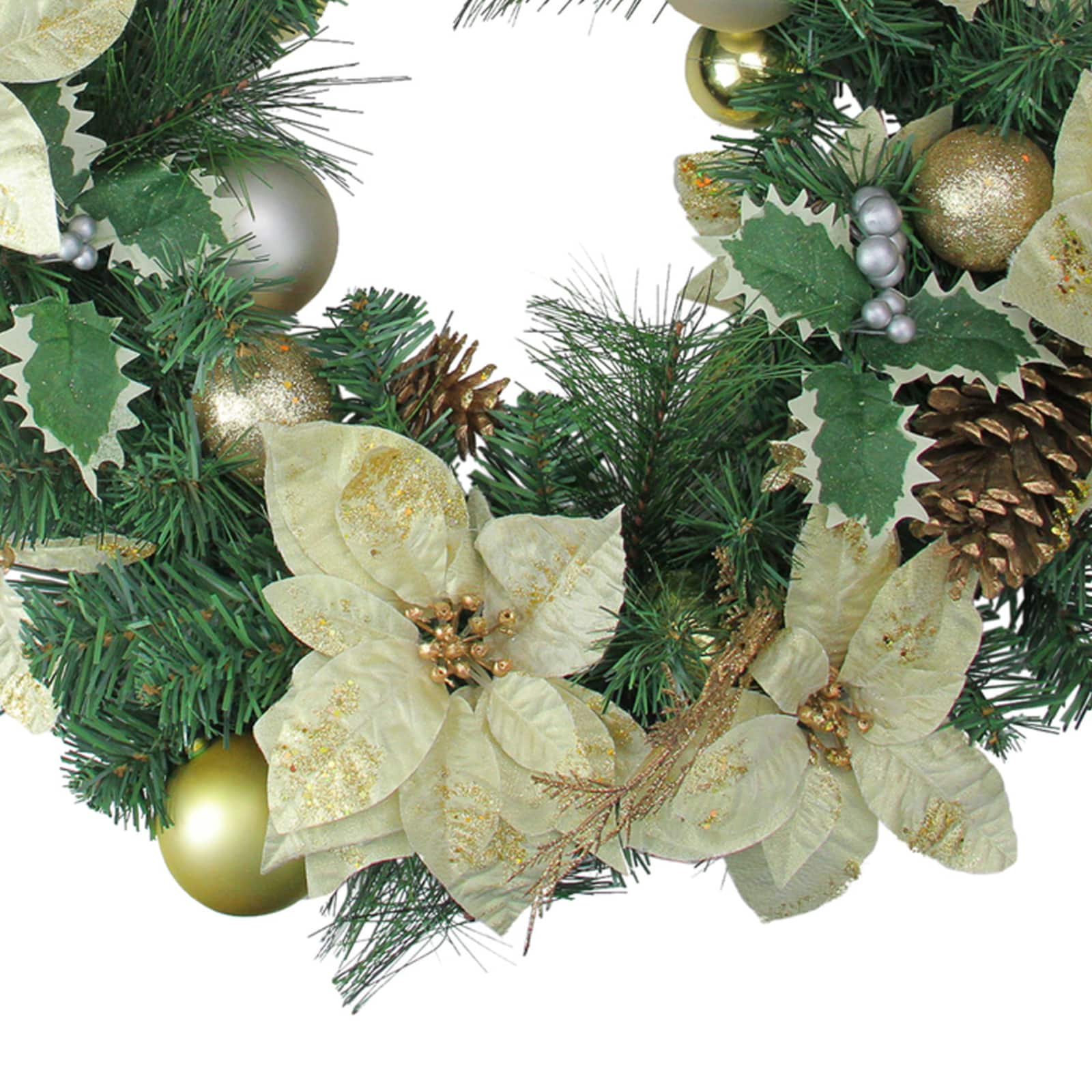 24&#x22; Pre-Decorated Gold Poinsettia &#x26; Ball Artificial Wreath