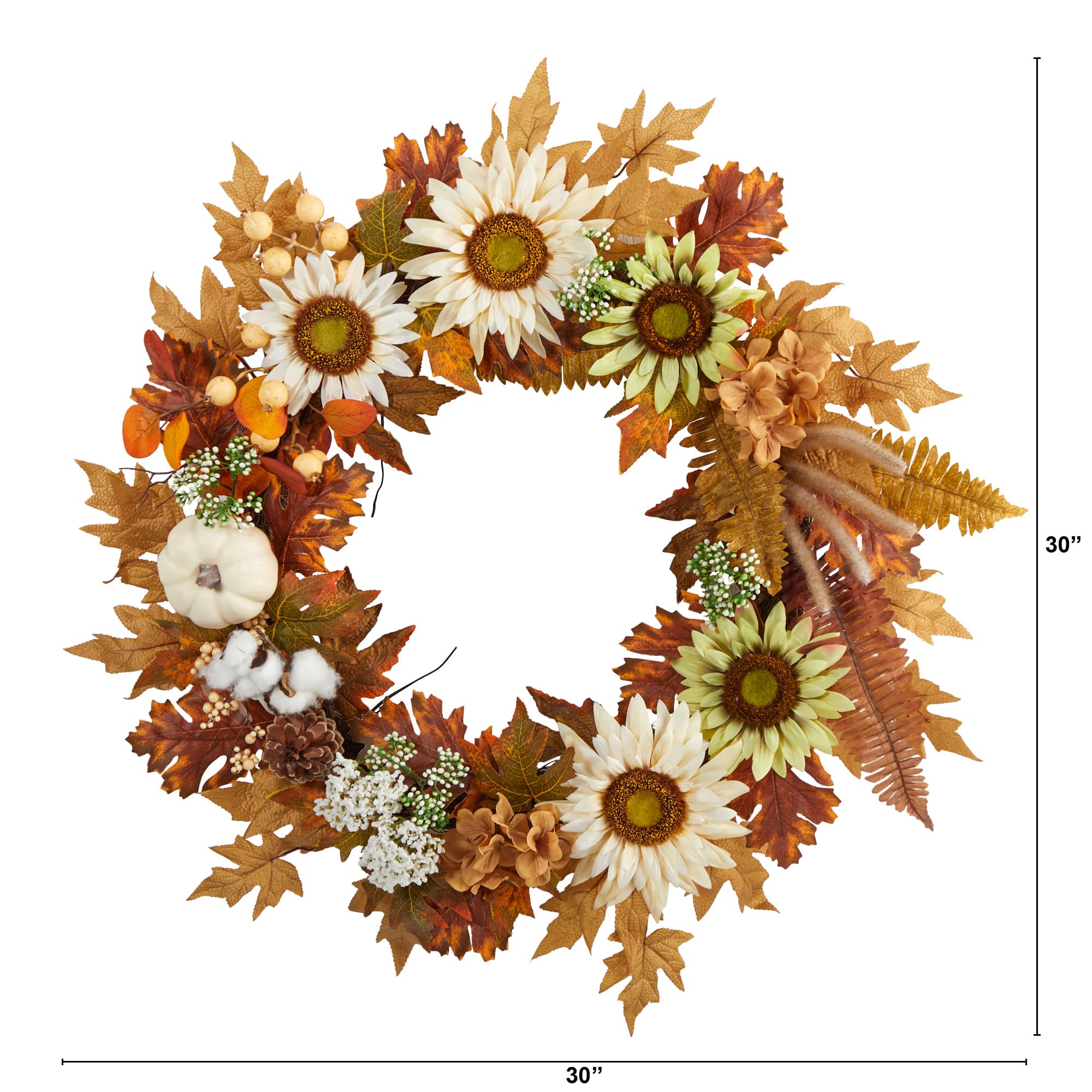 30&#x22; Sunflower, White Pumpkin &#x26; Berries Fall Wreath