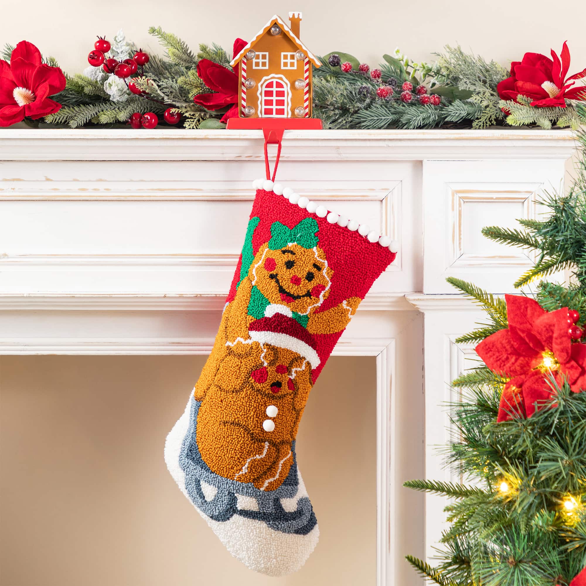 Glitzhome&#xAE; 21&#x22;L Hooked Christmas Gingerbread Man Stocking