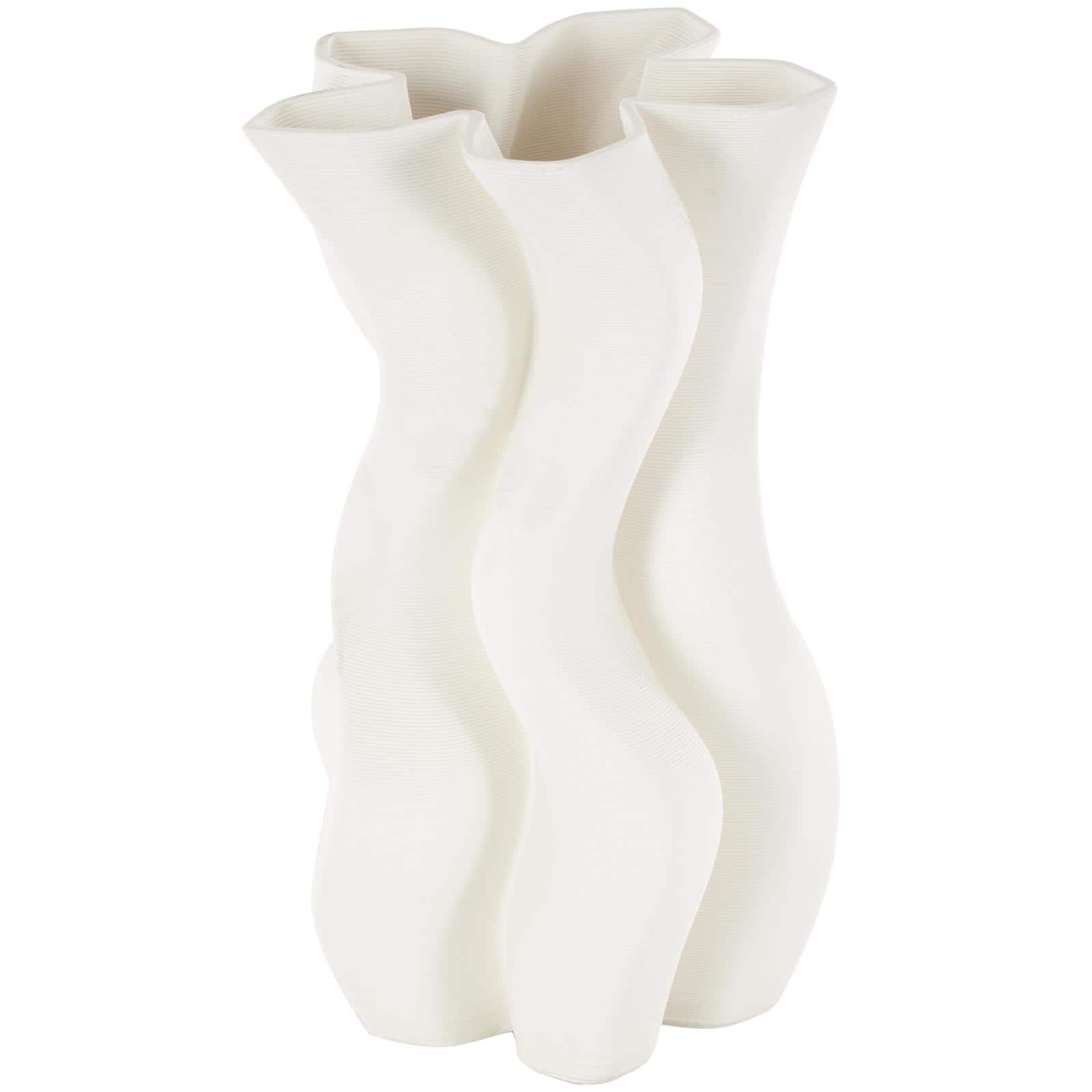 White Ceramic Abstract Ribbed Dimensional Wavy Vase with Floral Shaped Rim