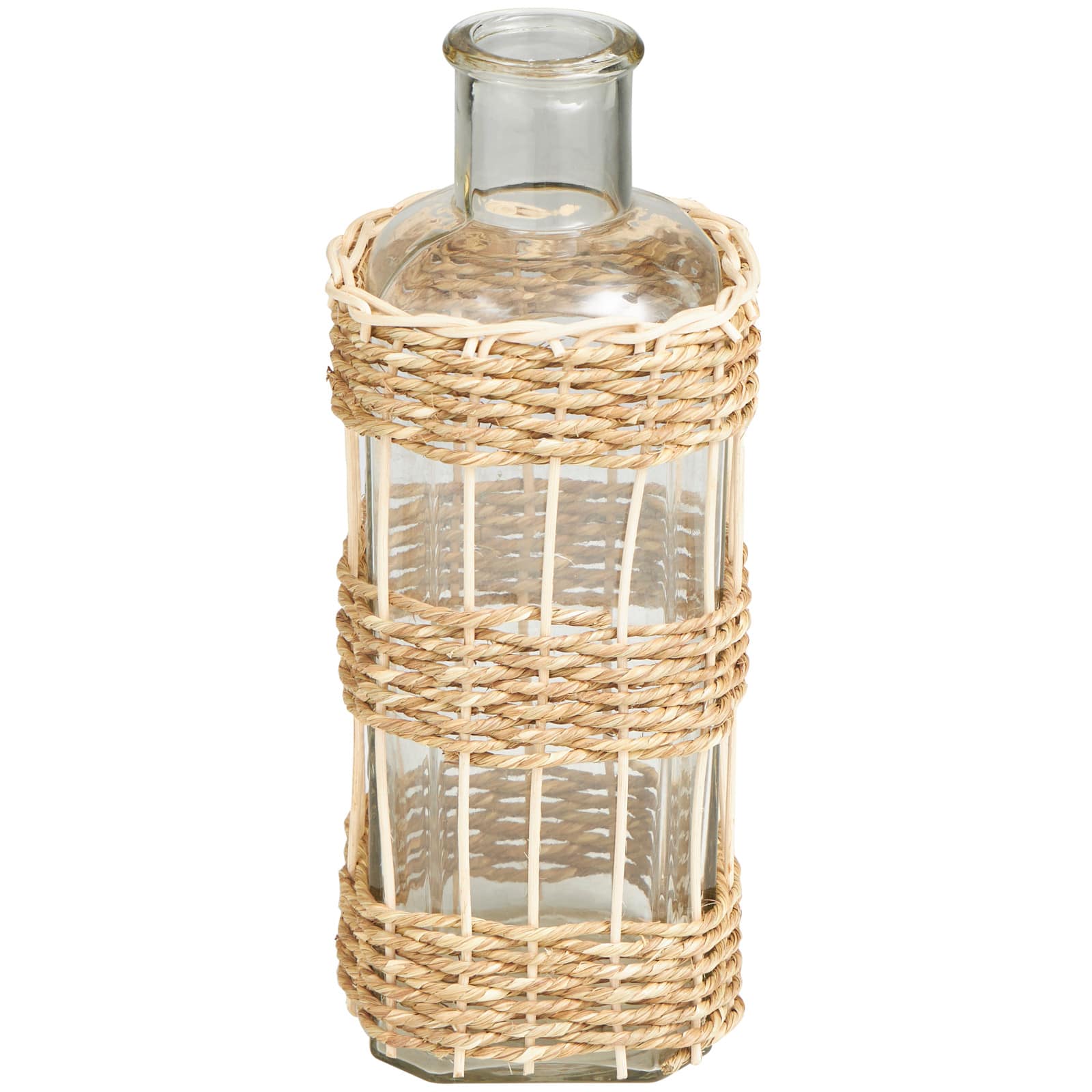 13" Clear Glass Handmade Vase with Light Brown Rattan Woven Body