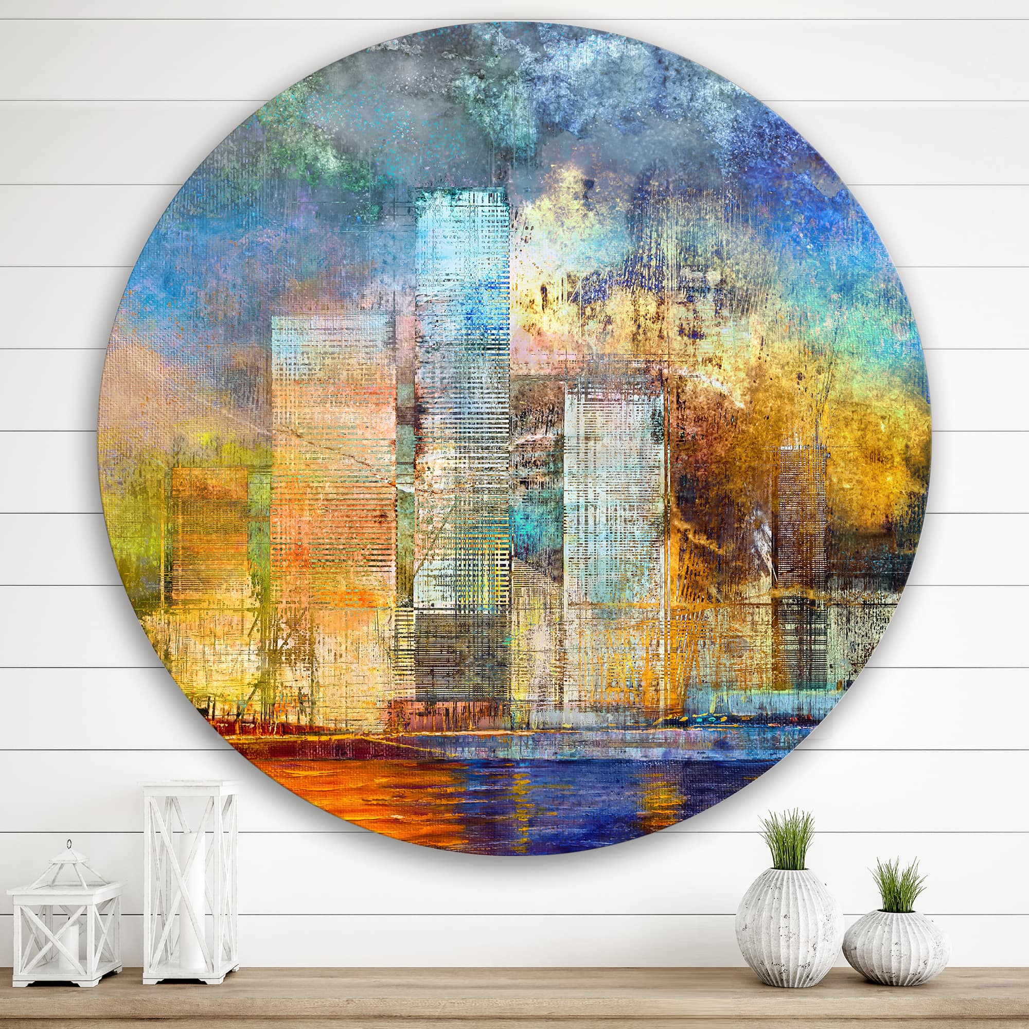 Designart - Skypscrapers By The Bridge In Futuristic City - Modern Metal Circle Wall Art